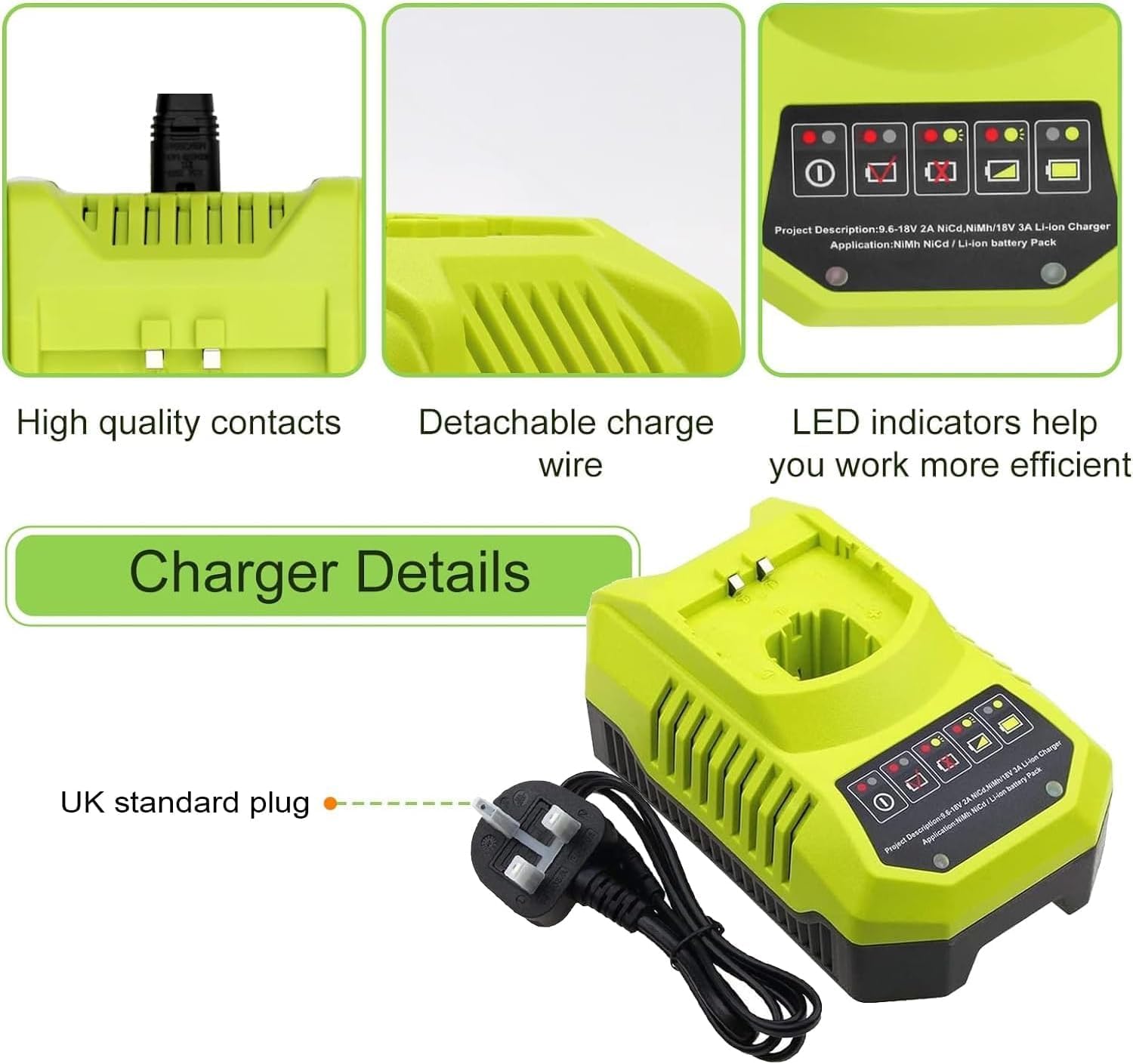 Detalle de 2X 18V P108 Replacement Battery for Ryobi + 4A Charger — 5500mAh, compatible with Ryobi ONE+