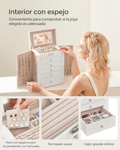 Thumbnail 4 de SONGMICS Caja Joyero de 6 niveles JBC152W01 con 5 cajones, espejo y cerradura