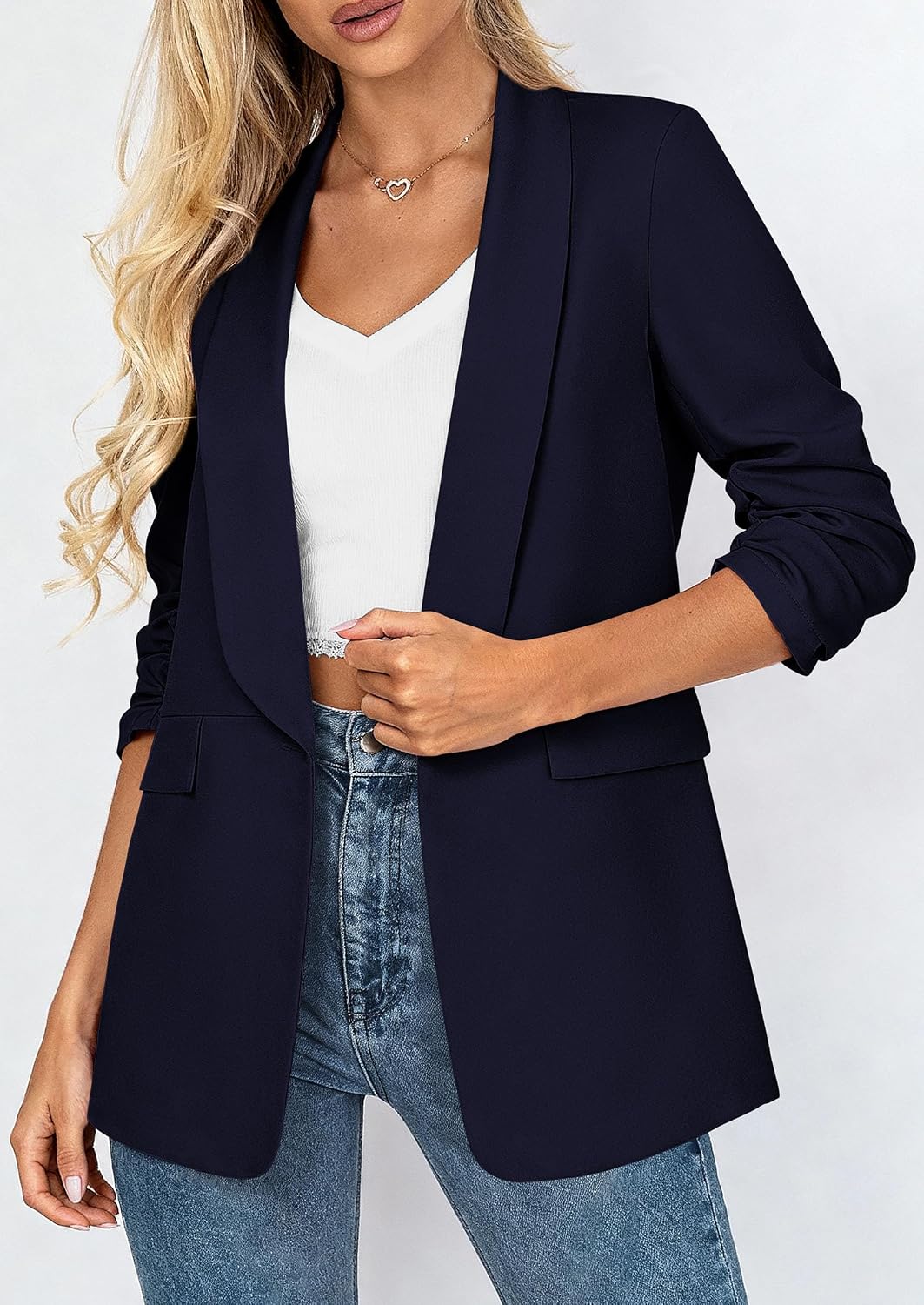 Thumbnail 6 de PRETTYGARDEN Women's Lightweight Blazer with Ruched 3/4 Sleeves and Shawl Lapel