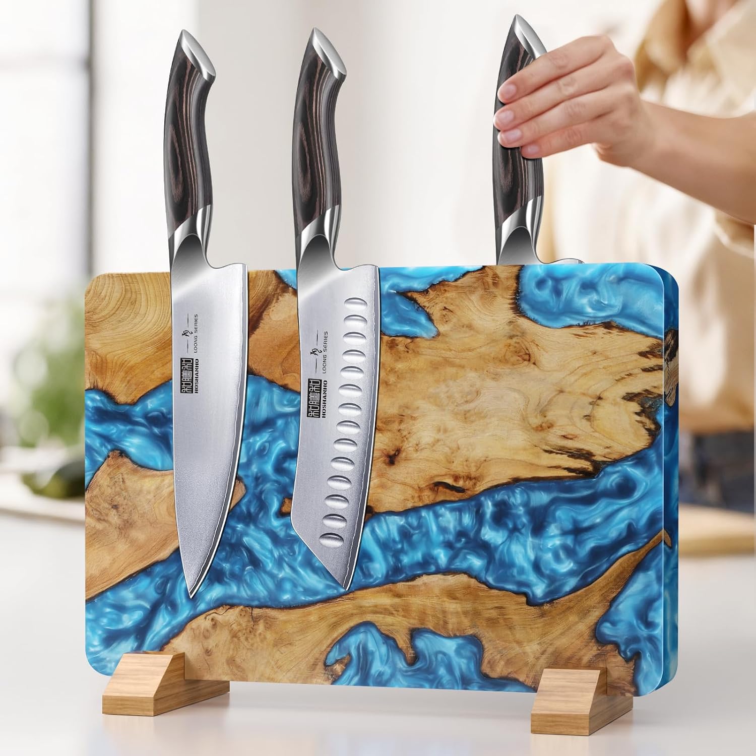 Detalle de HOSHANHO Resin Magnetic Knife Block: Double-Sided, Thick Acacia Wood Organizer