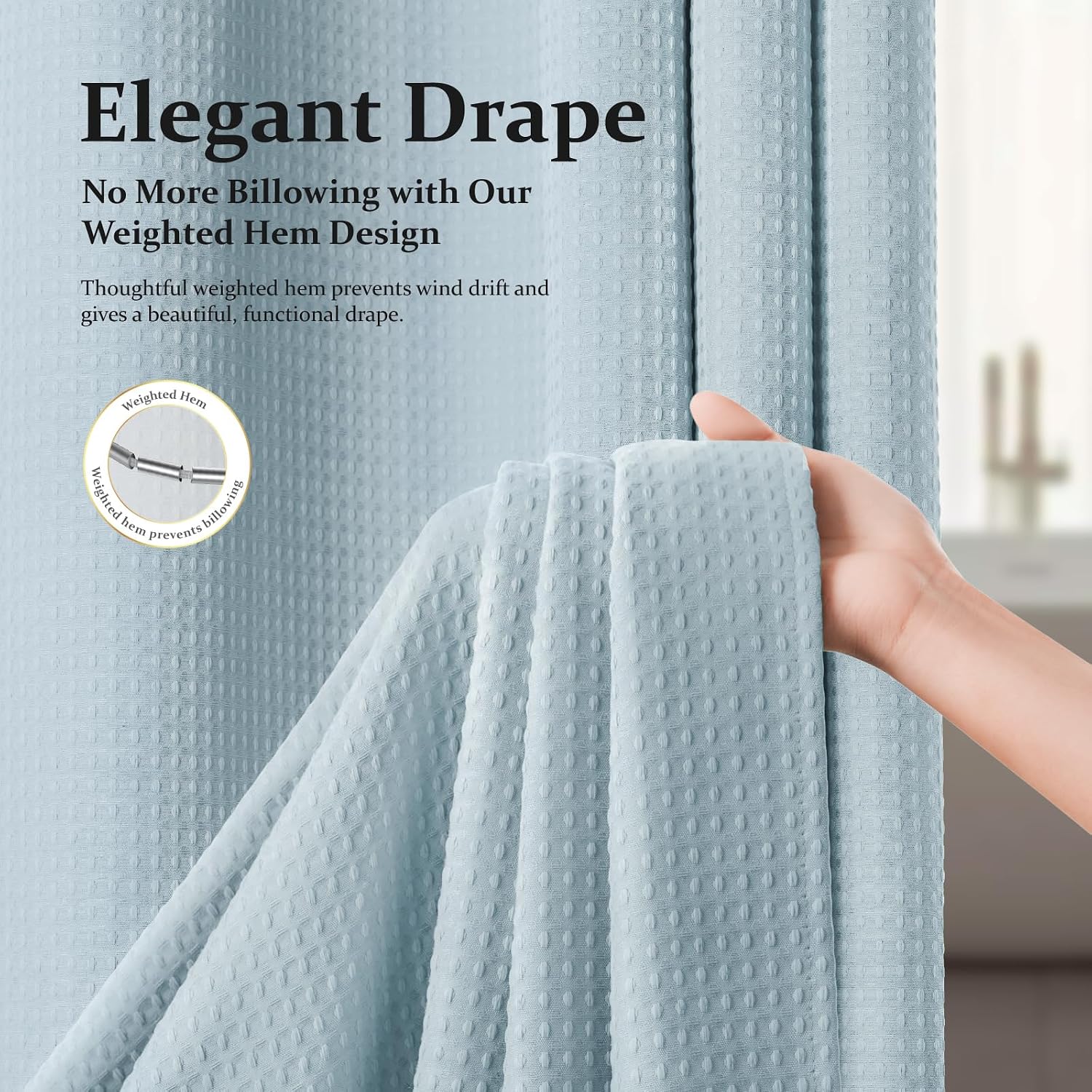 Detalle 2 de Dynamene Fog Blue Waffle-Weave Fabric Shower Curtain, 256 GSM, Weighted Hem