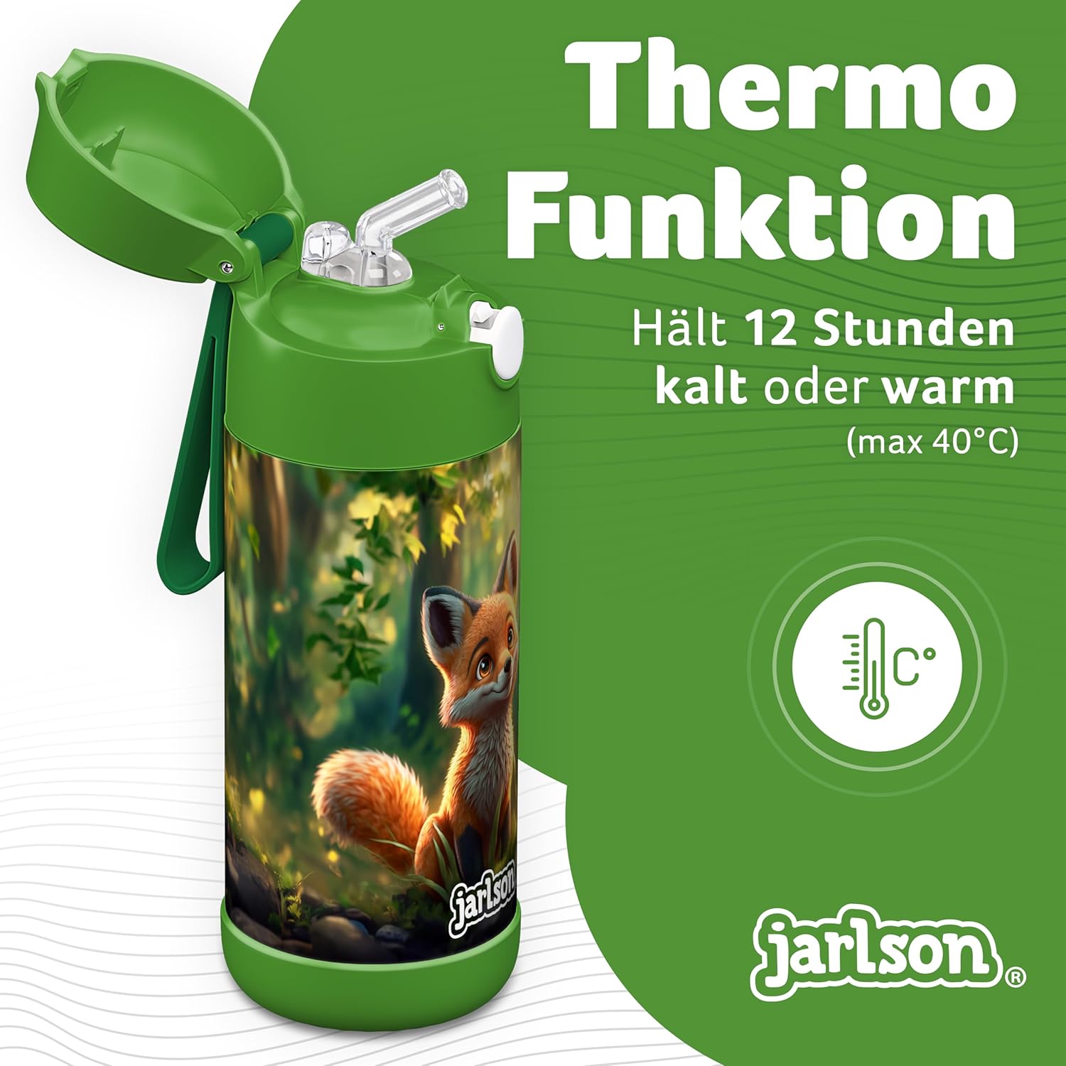 Detalle 2 de Jarlson Trinkflasche Kinder Edelstahl Charli – 350 ml mit Strohhalm (Fuchs)