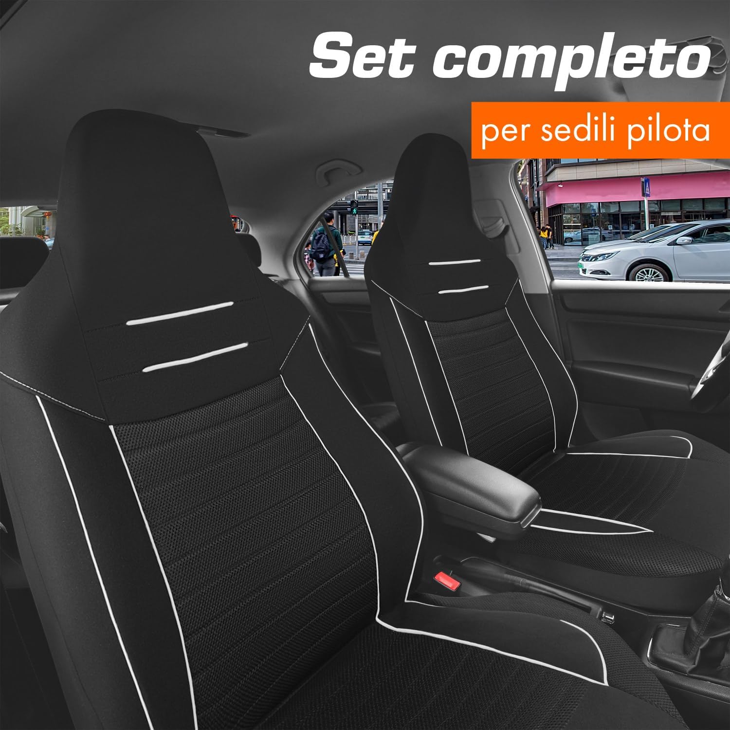 Detalle 2 de Upgrade4cars Coprisedili Auto Universale con Poggiatesta Integrato Nero Bianco