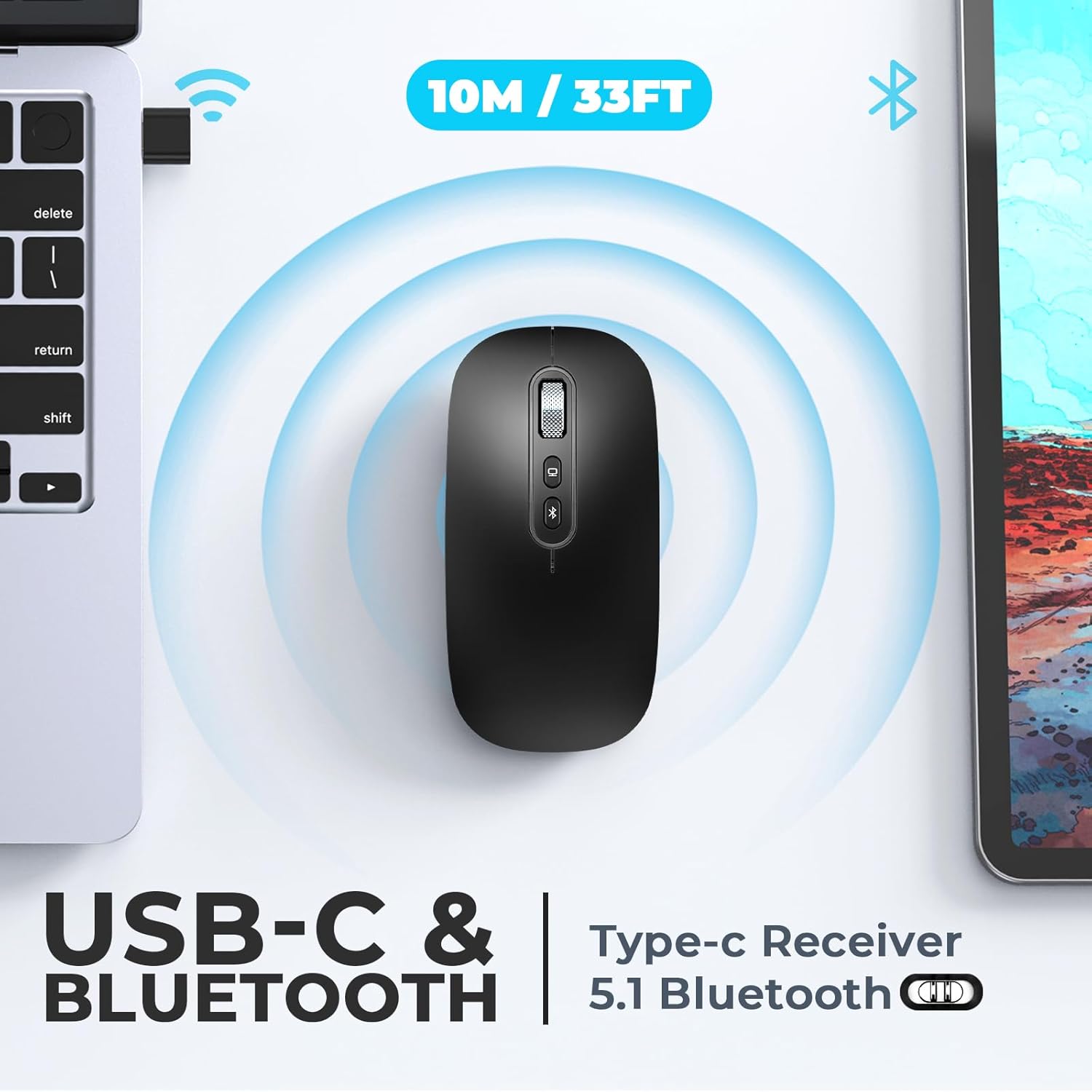 Detalle 2 de PINKCAT kabellose Maus Dual-Modus (Bluetooth 5.1 + USB‑C) mit USB‑Nano-Empfänger, wiederaufladbar