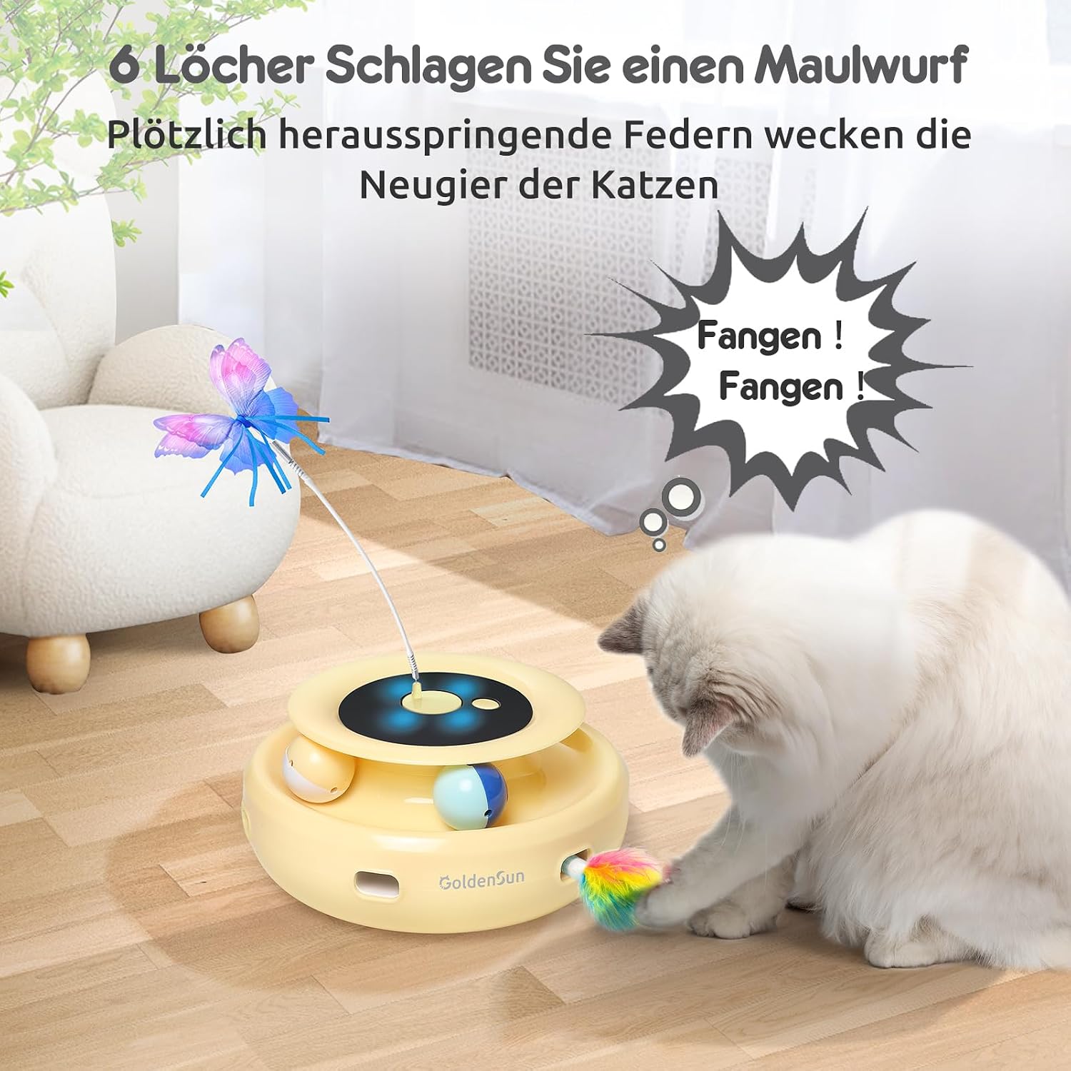 Detalle 2 de GoldenSun 3-in-1 interaktives Katzenspielzeug (Whack-A-Mole & Schmetterling) mit USB wiederaufladbarem Teaser und 4 Aufsätzen