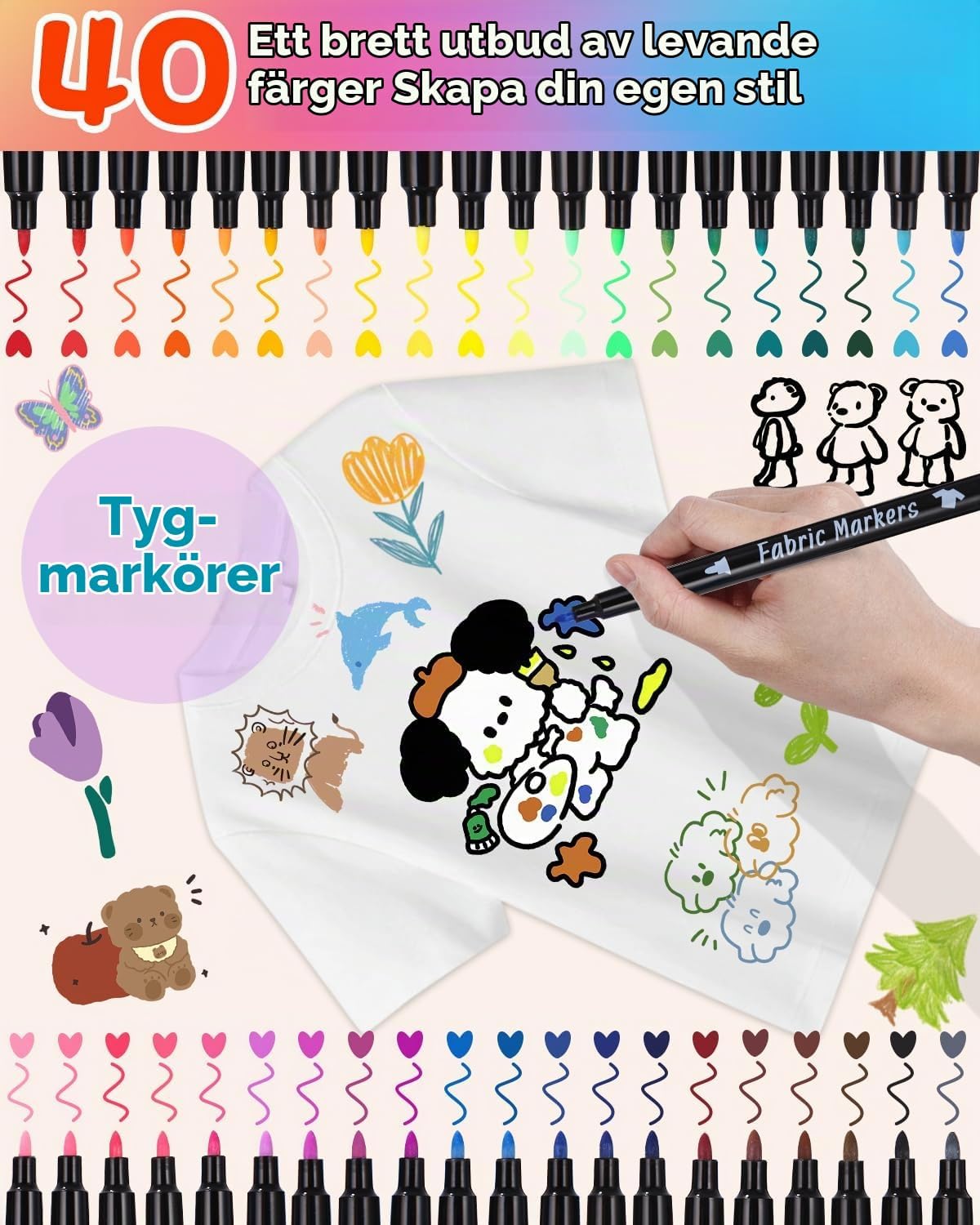 Detalle 2 de Ixydor textilpennor, 40 färger med fiberspets och tvättåligt bläck