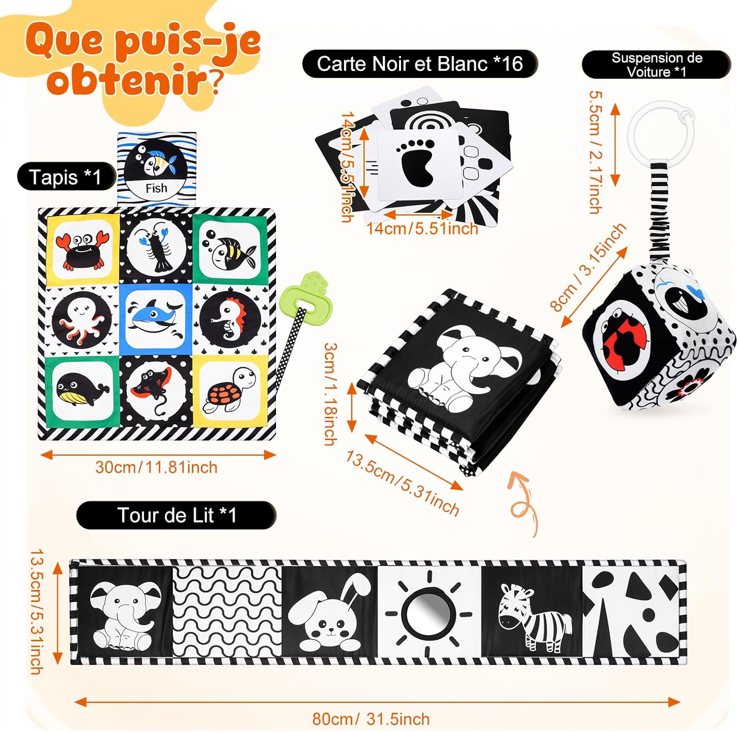 Thumbnail 5 de HappyKidsClub Jouet livre en tissu Montessori noir et blanc + hochet et tapis à froisser (0 à 12 mois)