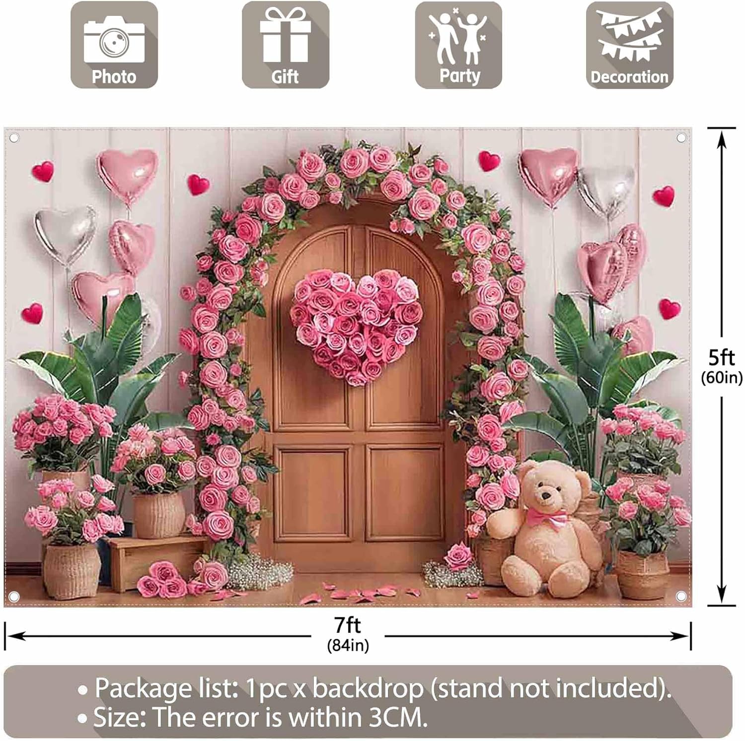 Thumbnail 2 de Luminora 7x5ft Fabric Valentine’s Day Backdrop in Pink Rose, Hearts and Wooden Door Design