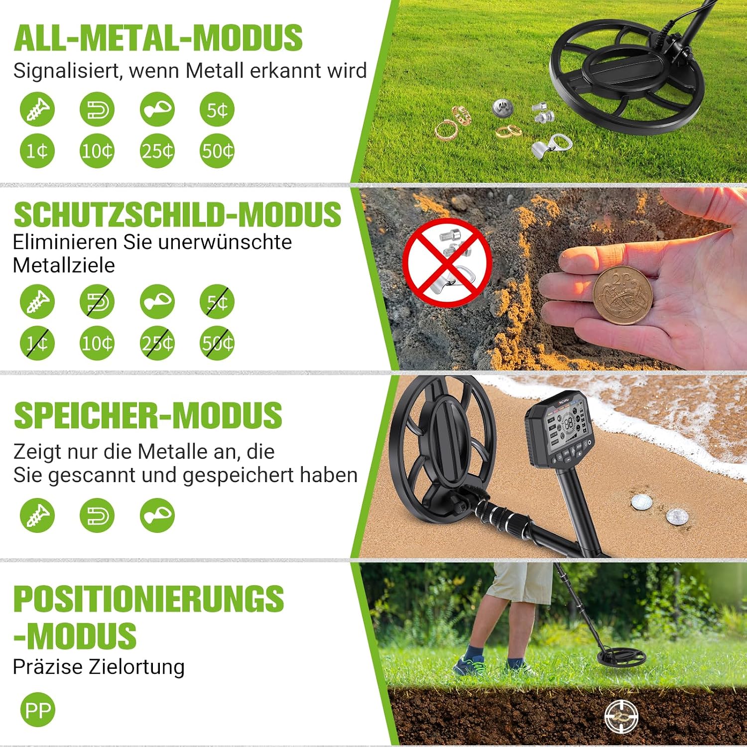 Detalle de OneAmg Metalldetektor Profi – 5 Suchmodi, Pinpointer, IP68 Suchspule inkl. Kopfhörer, Schaufel & Rucksäcke