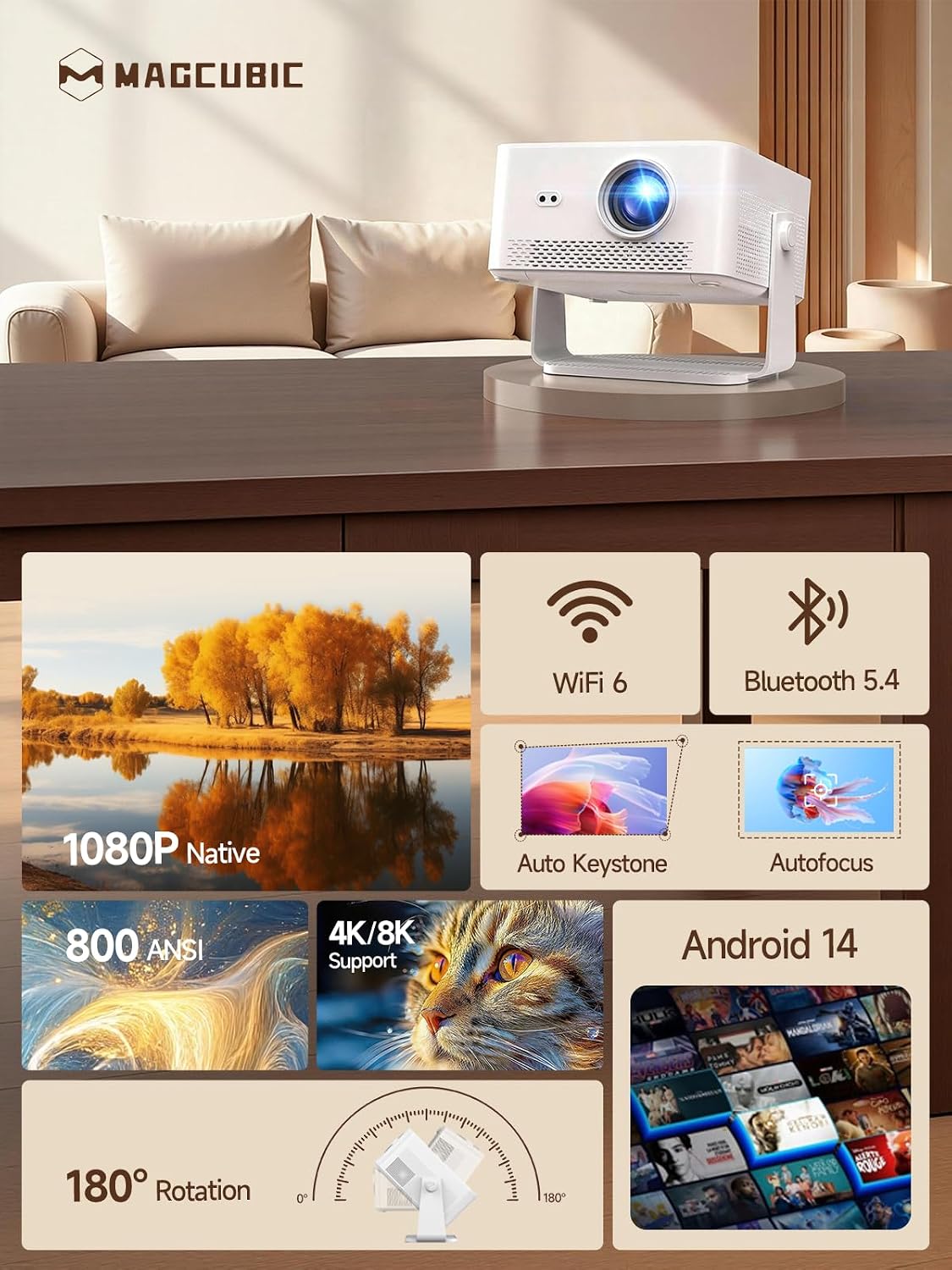 Thumbnail 1 de Magcubic HY450Max Mini Projector (Android 14, 800ANSI) – 1080p Native, 4K/8K Support, WiFi 6, Bluetooth 5.4, Auto Focus & 180° Rotation