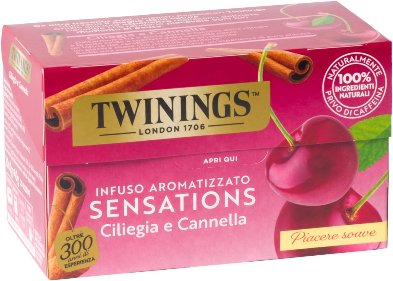 Detalle de Twinings Infuso Aromatizzato Sensations Ciliegia e Cannella – Senza Caffeina, 6 confezioni da 20 filtri (120 filtri)