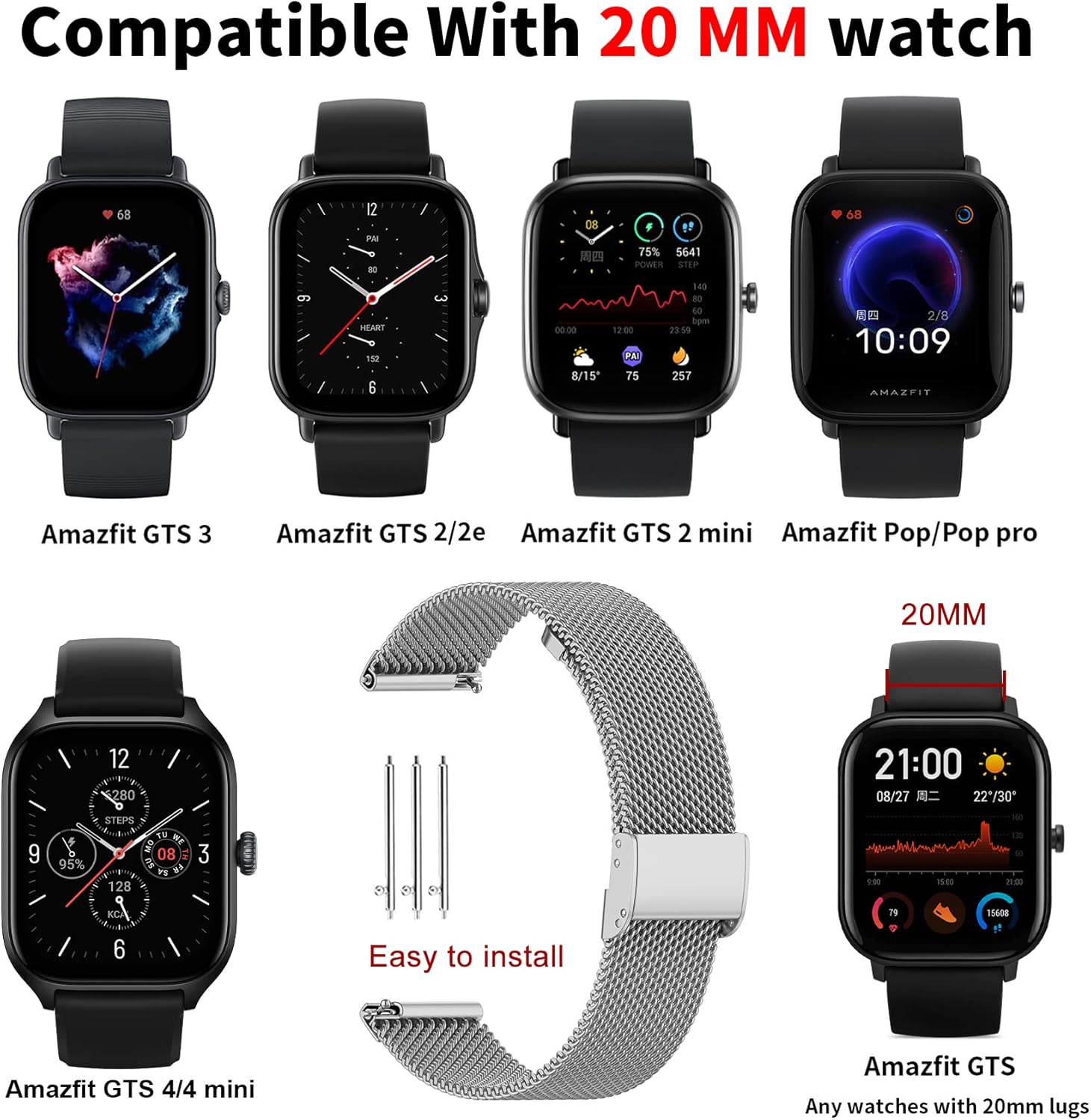 Detalle de MIJOBS Stainless Steel 20mm Strap for Amazfit GTS and GTS/GTR Series