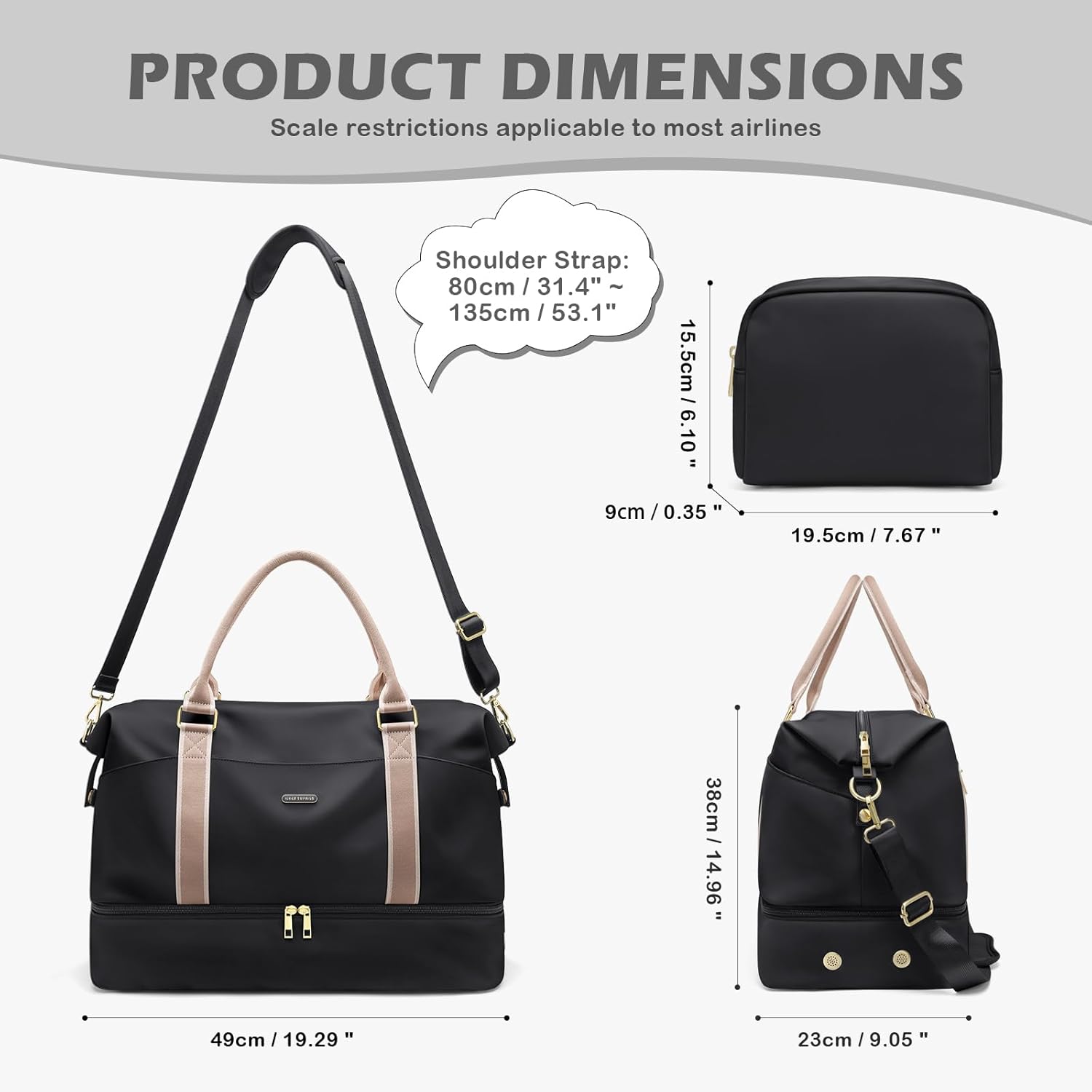 Thumbnail 1 de 46L Sac de Voyage pour Femme avec Compartiment à Chaussures et Trousse de Toilette – Noir