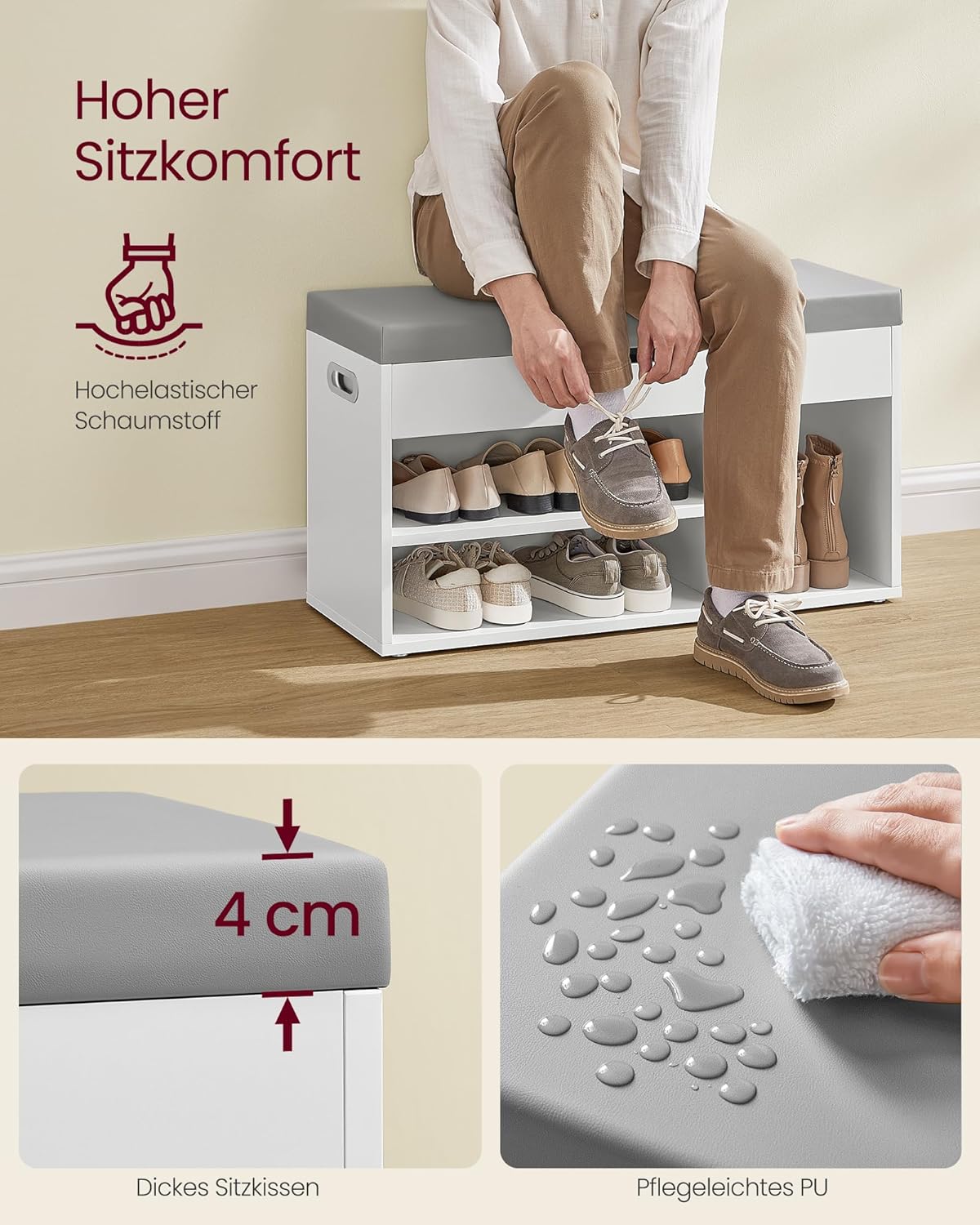 Detalle de VASAGLE Schuhbank mit Sitzfläche LHS030W01 – gepolsterte Sitzbank mit offenem Stauraum