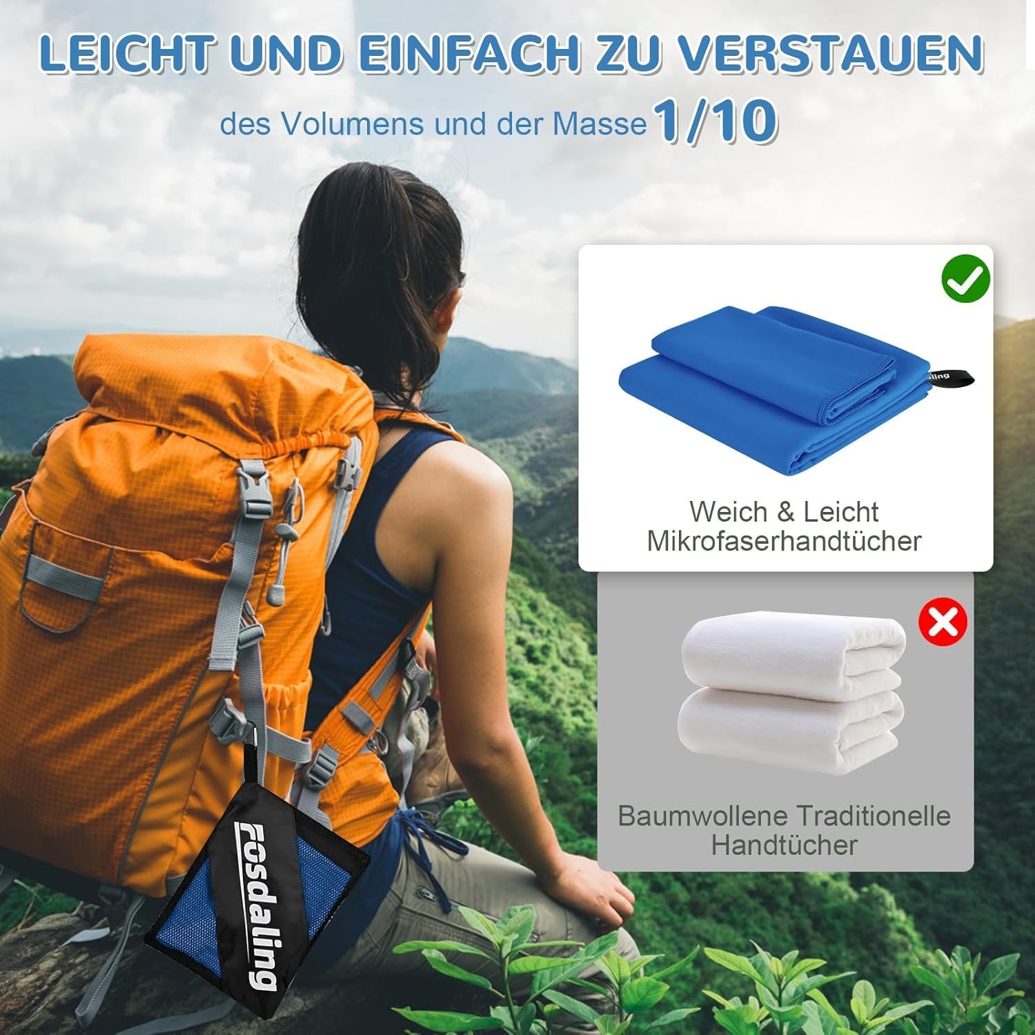 Thumbnail 4 de Fosdaling Mikrofaser Handtuch-Set (3-teilig) – 200×100 cm + 2×80×40 cm, schnelltrocknend (Königsblau)