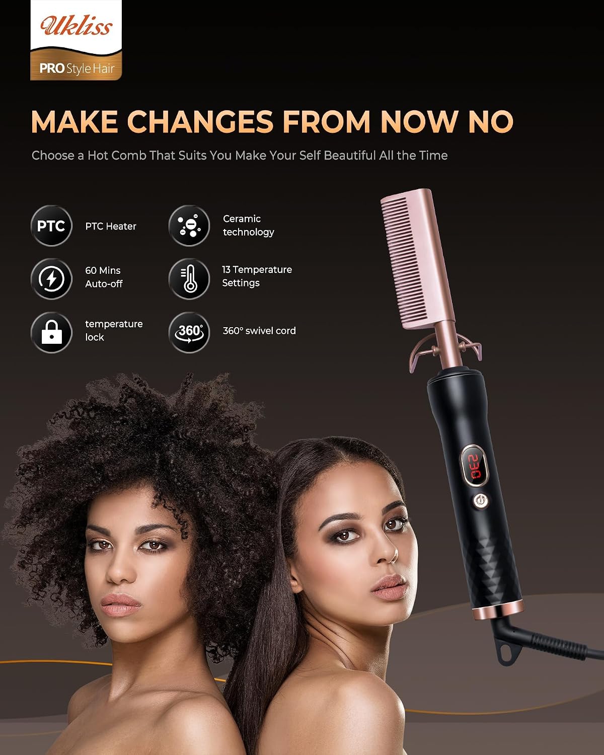 Detalle 2 de UKLISS Electric Hot Comb for Wigs 120–230℃