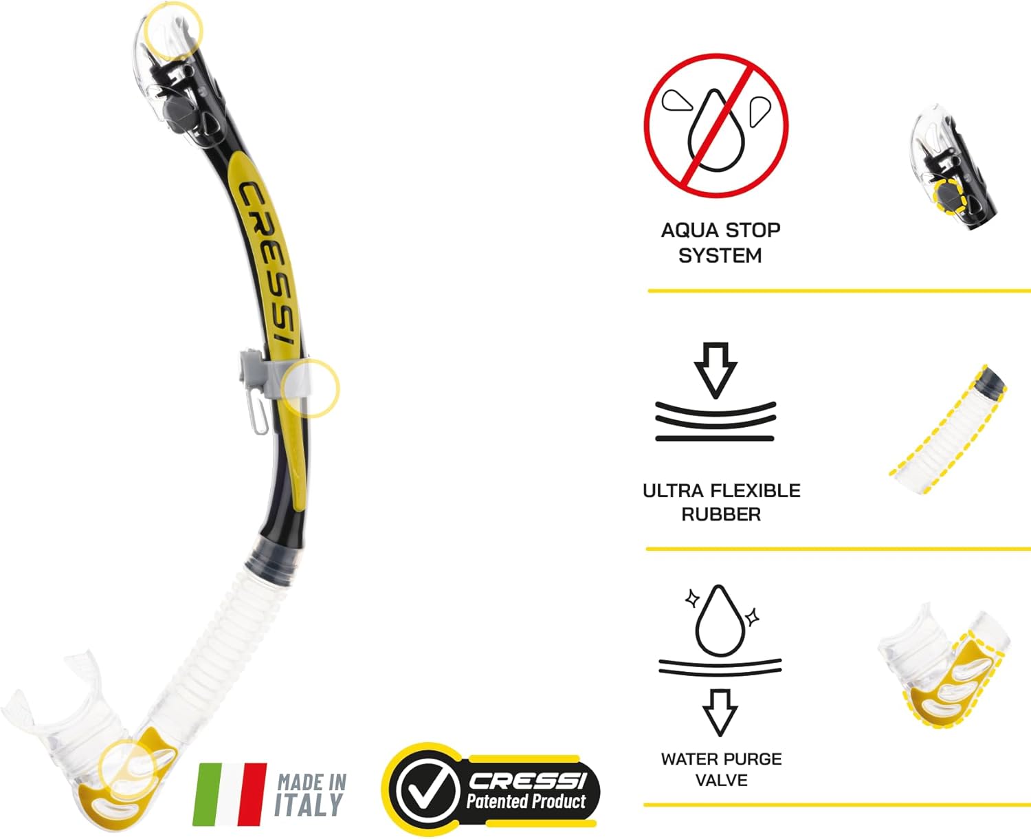 Detalle 2 de Cressi Alpha Ultra Dry Snorkel Clear/Black/White – tuba dry ergonomique pour plongée et snorkeling