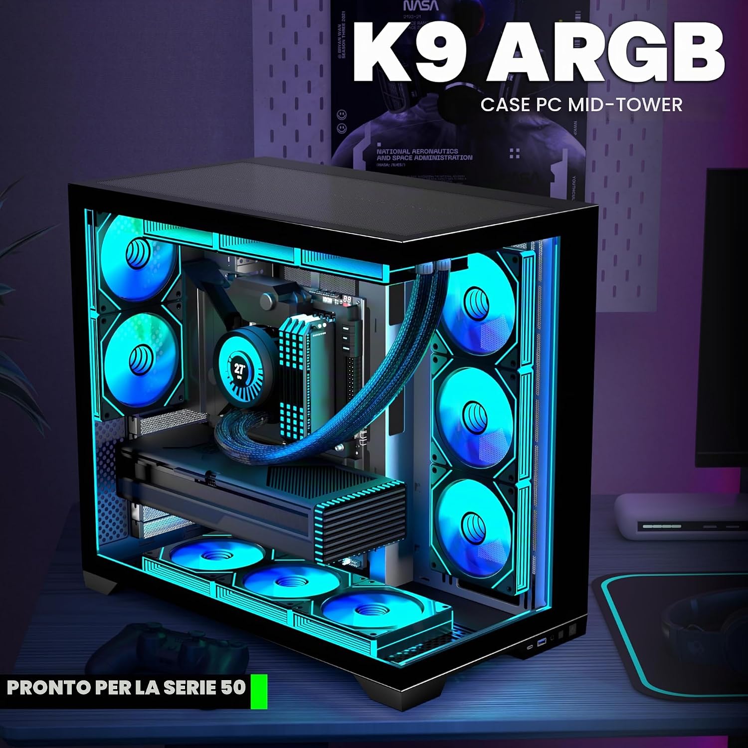 Detalle 2 de ANSAITE Case PC ATX con 9 ventole PWM ARGB preinstallate – Mid-Tower con vetro temperato e supporto radiatore 360 mm