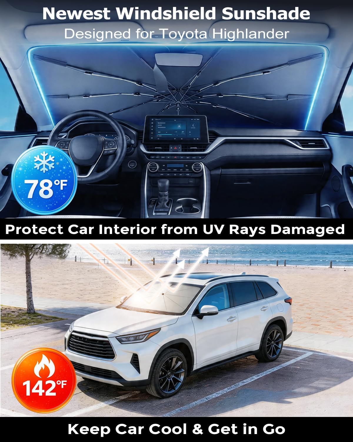 Thumbnail 1 de DMJN Umbrella Windshield Sun Shade for Toyota Highlander (2009-2026)