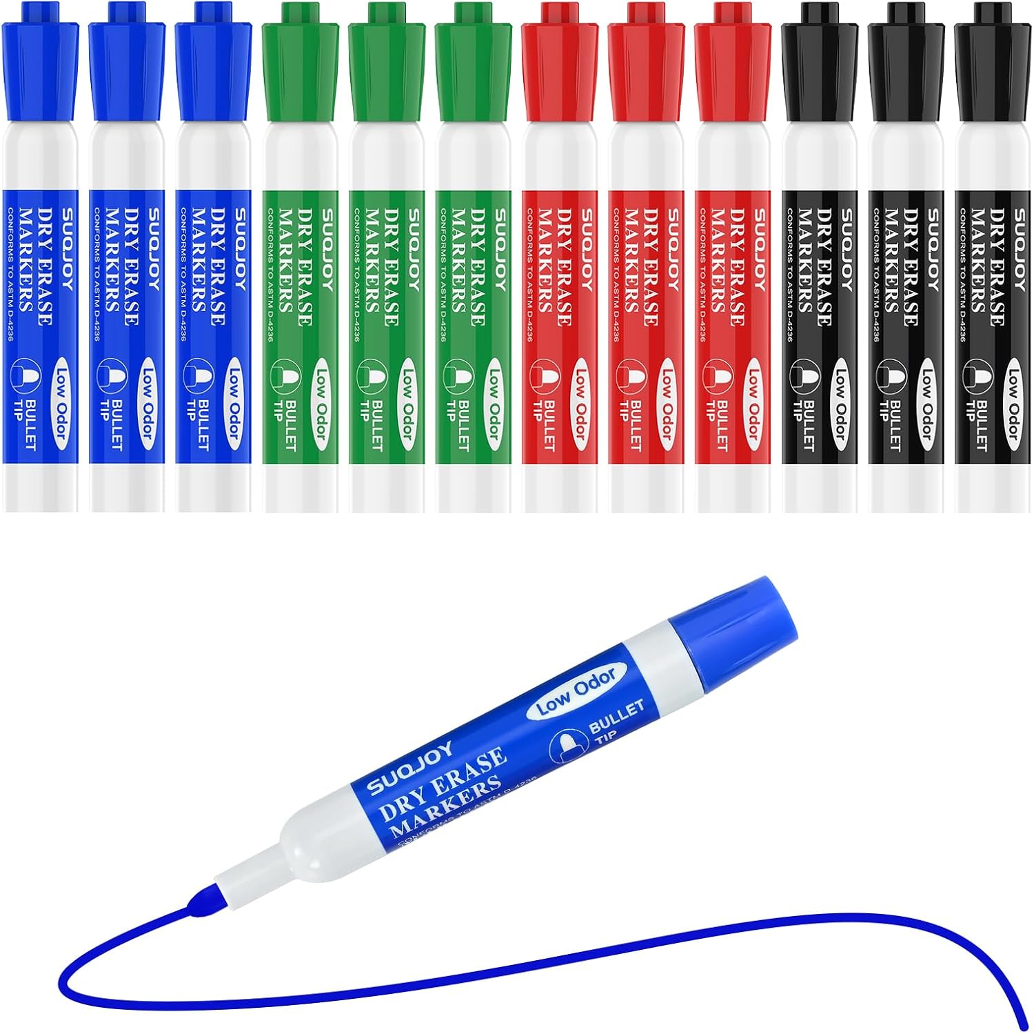 Detalle de SUQJOY Stylos pour Tableau Blanc – Lot de 12, 4 couleurs, pointe ogive, faible odeur