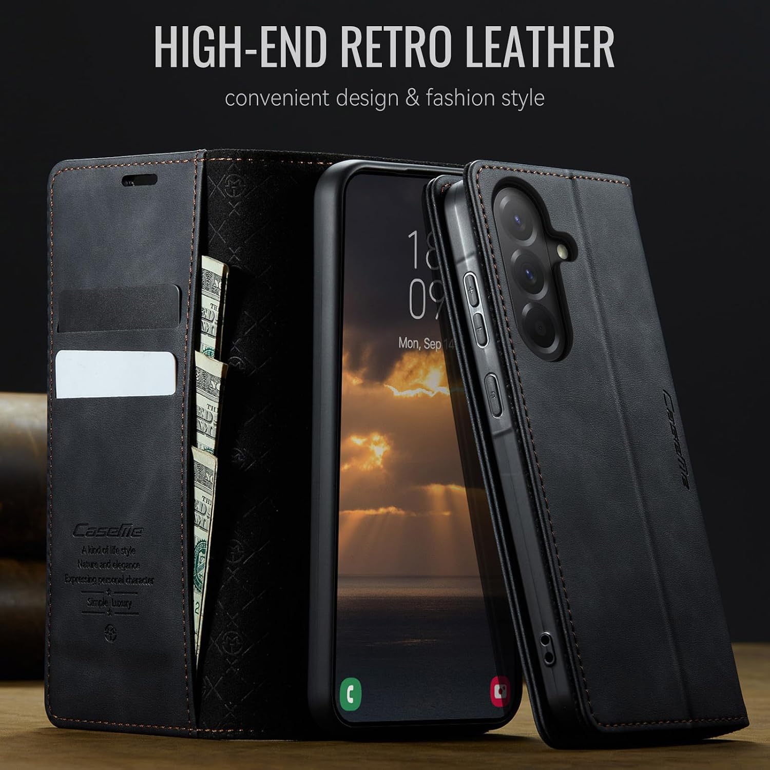 Detalle de Lonjanfon Coque Samsung Galaxy A36 5G cuir PU premium avec blocage RFID, porte-cartes et support magnétique – Noir