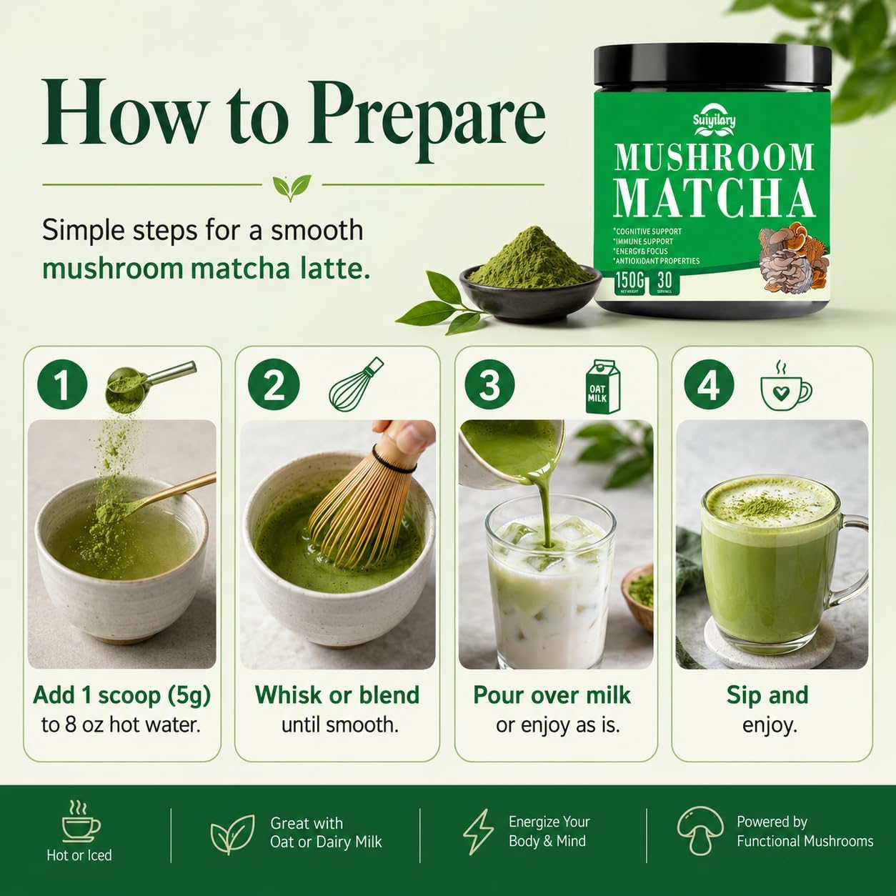 Thumbnail 3 de Suiyilary Mushroom Matcha Powder, 7 Mushroom Blend with MCT Oil, 150g