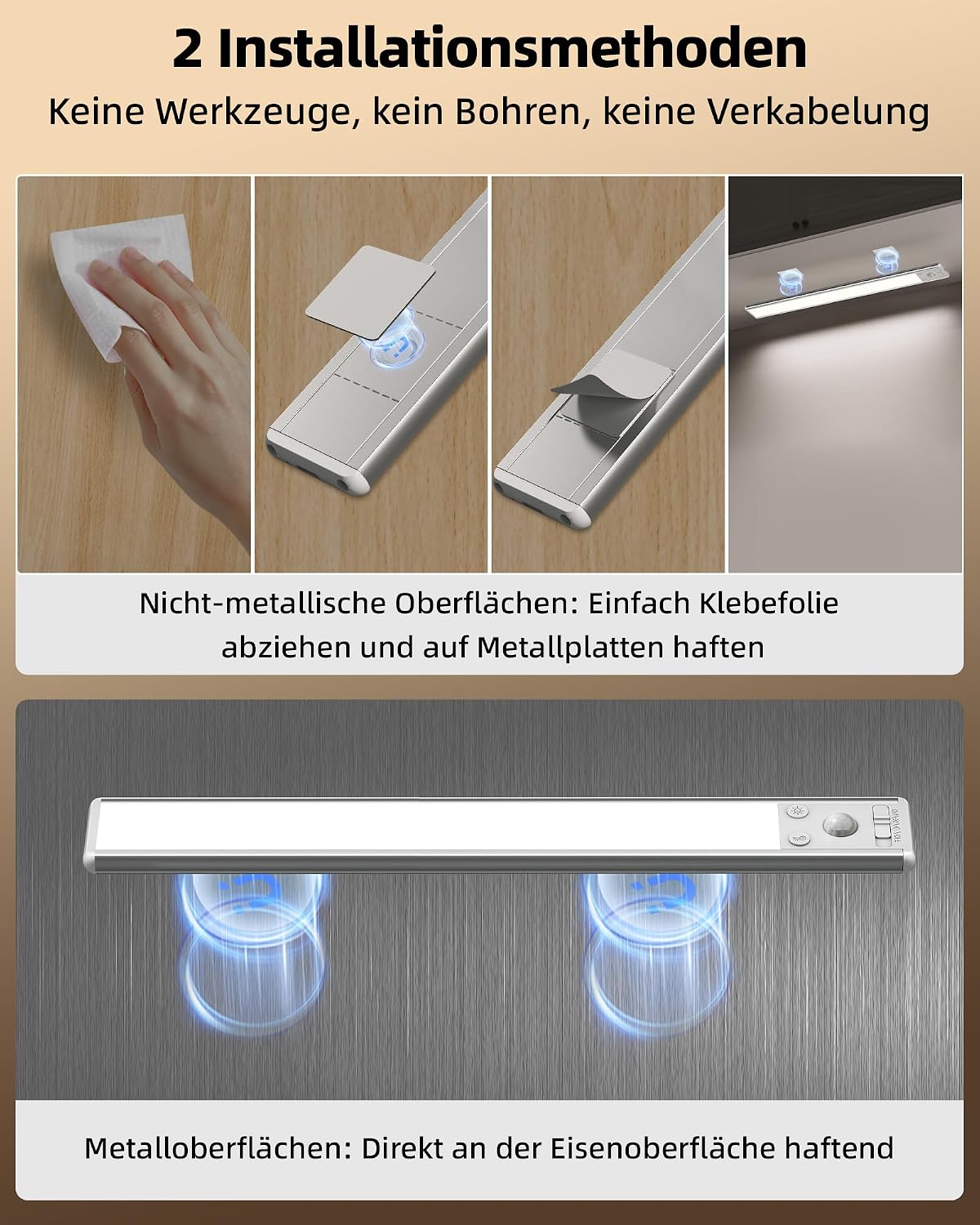 Thumbnail 6 de EZVALO Schrankbeleuchtung LED 37 cm (2er-Set) mit Bewegungsmelder, 134 LED, 4200mAh, kabellos, 6500K–3000K, dimmbar