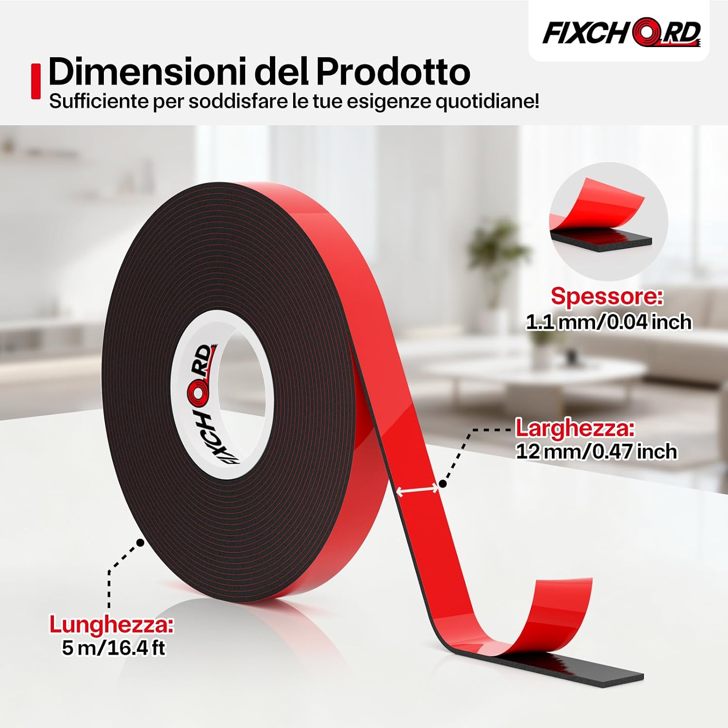 Thumbnail 1 de FIXCHORD Nastro biadesivo extra forte in schiuma acrilica 5 m x 12 mm, impermeabile per interni ed esterni