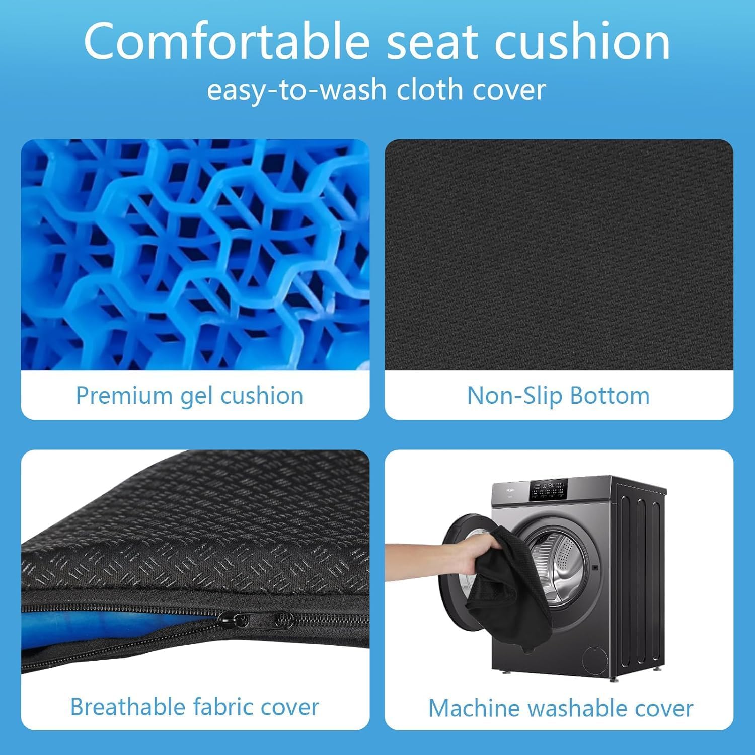 Detalle de Wenisuow Gel Seat Cushion with Cover – Double Thick Egg Design, Large 47 x 42 x 4.5 cm