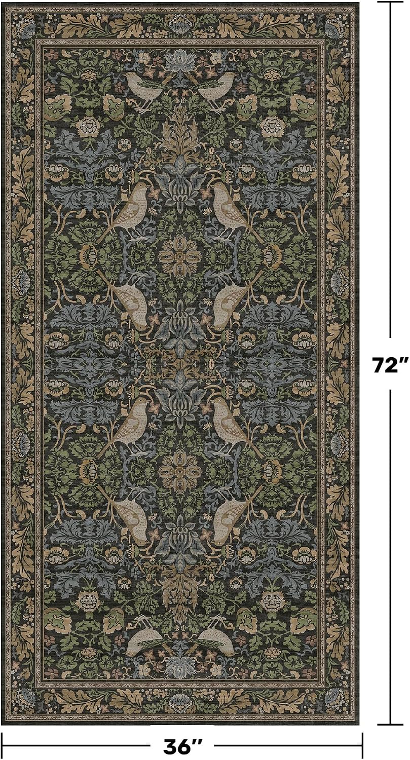 Detalle 2 de Hazo Haus 3' x 6' Washable Area Rug, Low-Pile Woodland Floral Design