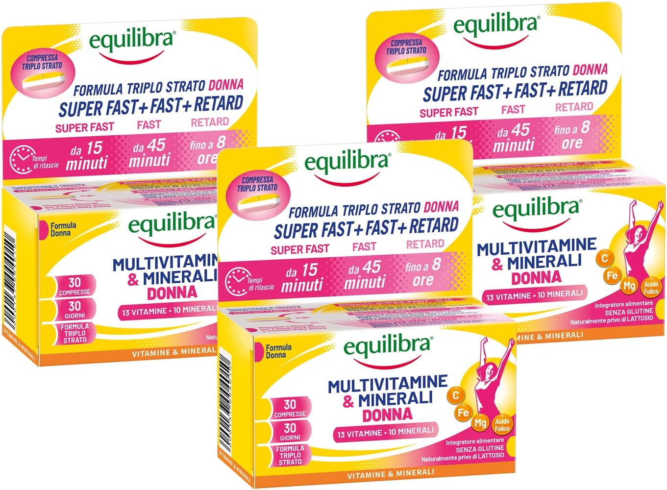 Detalle de Equilibra Multivitamine & Minerali Donna in 3 strati: magnesio, ferro, acido folico e vitamina C, senza glutine (3 confezioni)