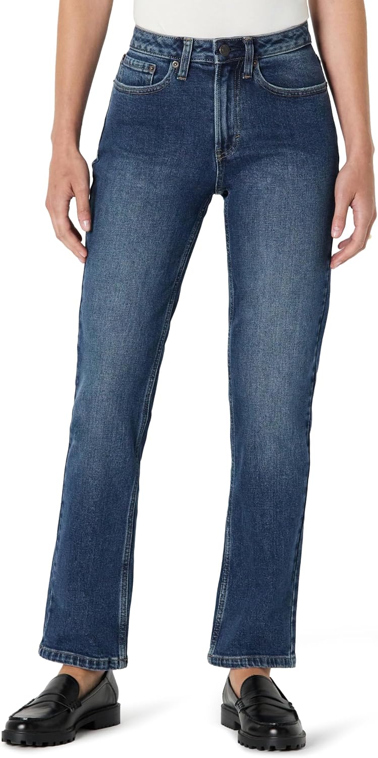 Detalle de Amazon Essentials Jeans a Vita Alta a Gamba Dritta Donna, Grigio Pietra delavé Scuro, 42 Corto