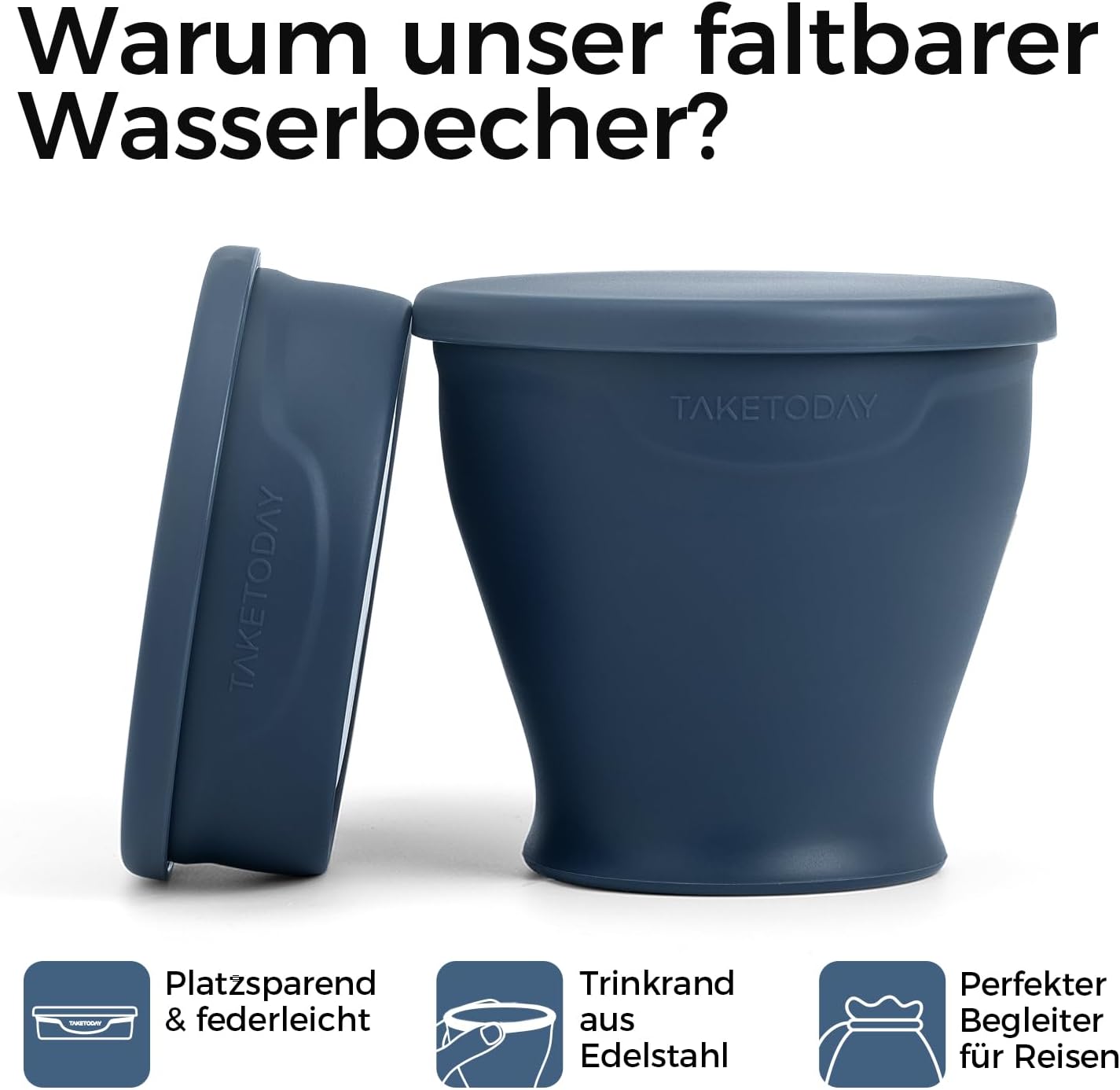 Detalle de TakeToday Zusammenklappbarer Reisebecher 240 ml – Silikon-Faltbecher für Camping, Outdoor und Reisen