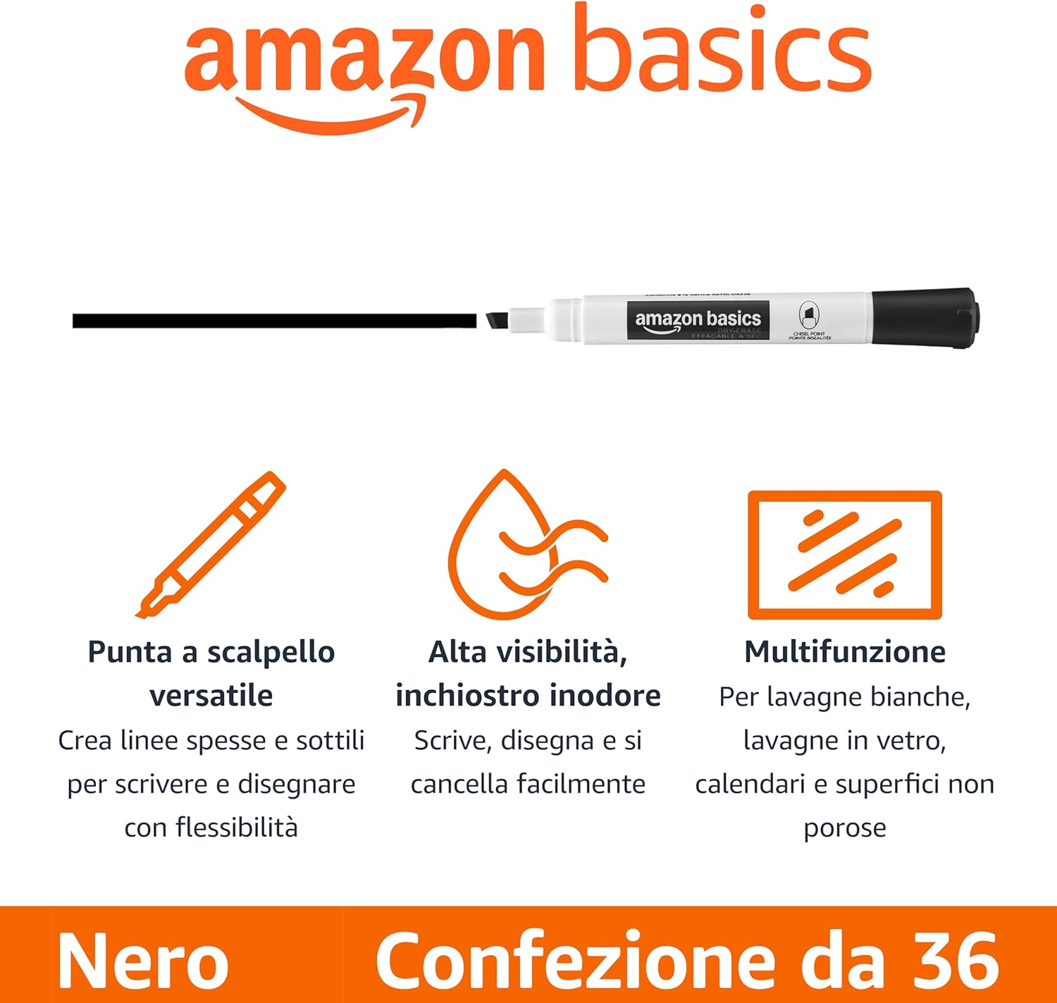 Detalle de Amazon Basics Pennarelli per Lavagna a Secco Low-Odor, Punta Fine/Scalpello, Nero, 36 pezzi