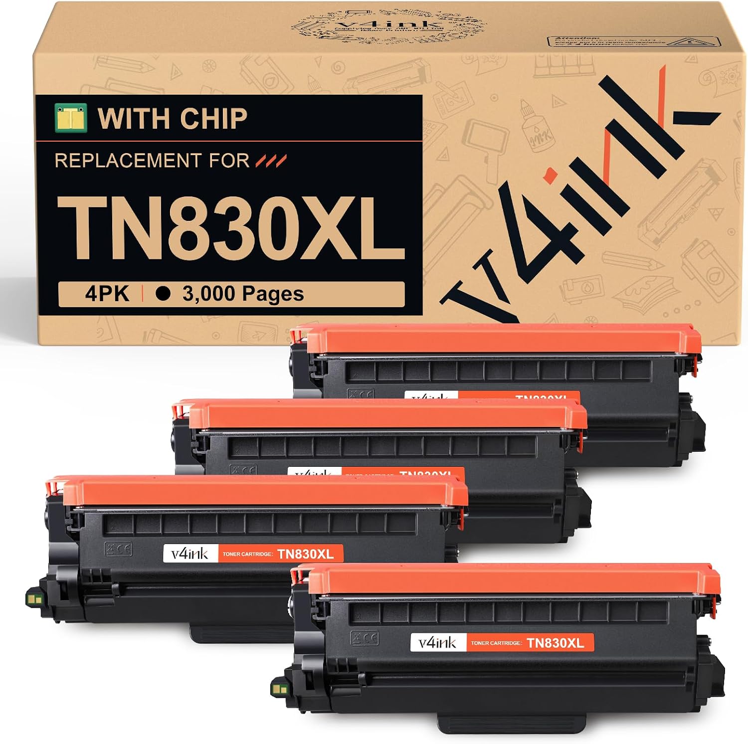 Detalle de v4ink TN830XL4PK TN830XL Black Toner Cartridge 4-Pack with Smart Chip