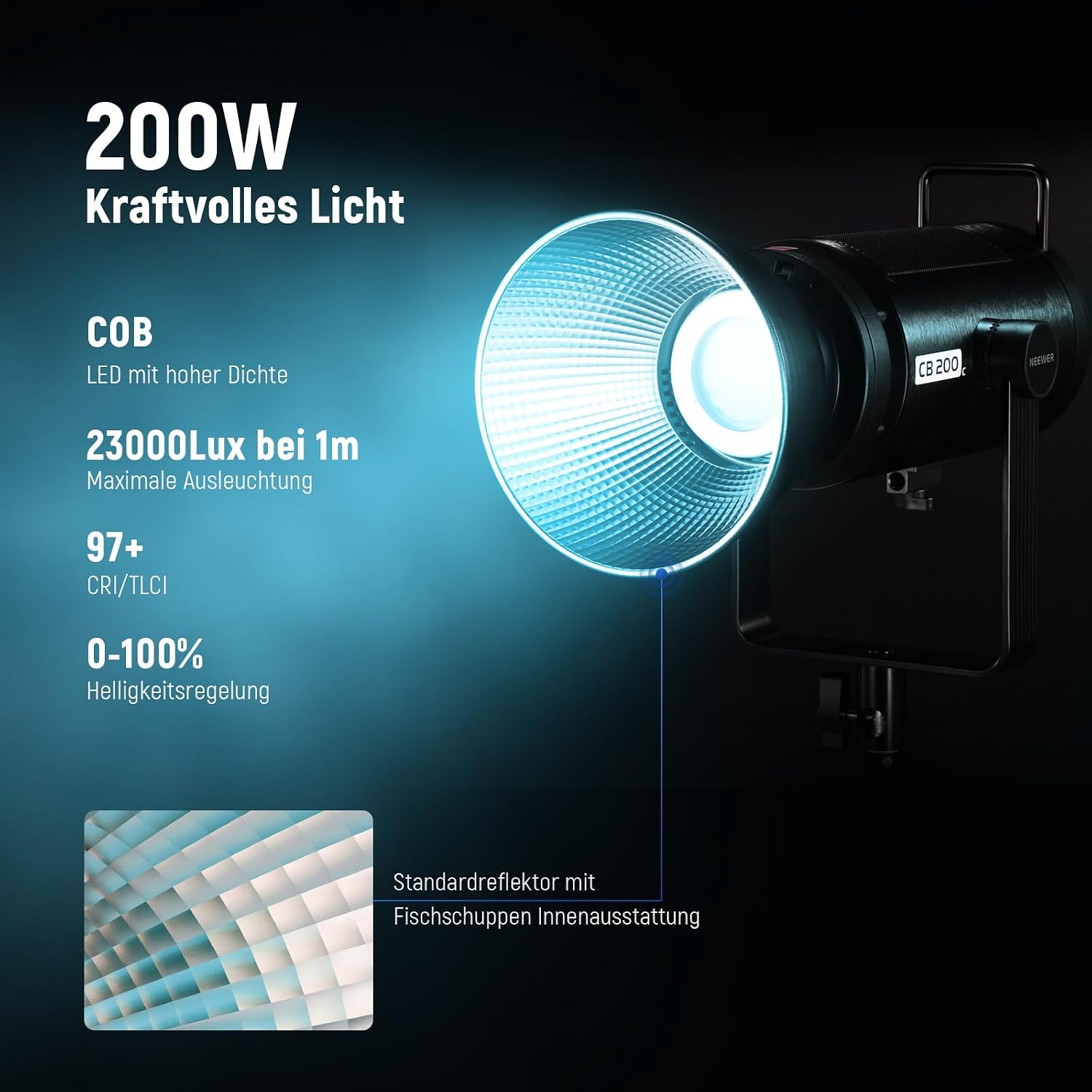 Detalle de NEEWER CB200C 200W RGBWW COB LED Video Licht – Leises Dauerlicht mit APP-/2.4G-Steuerung, Bowens-Mount