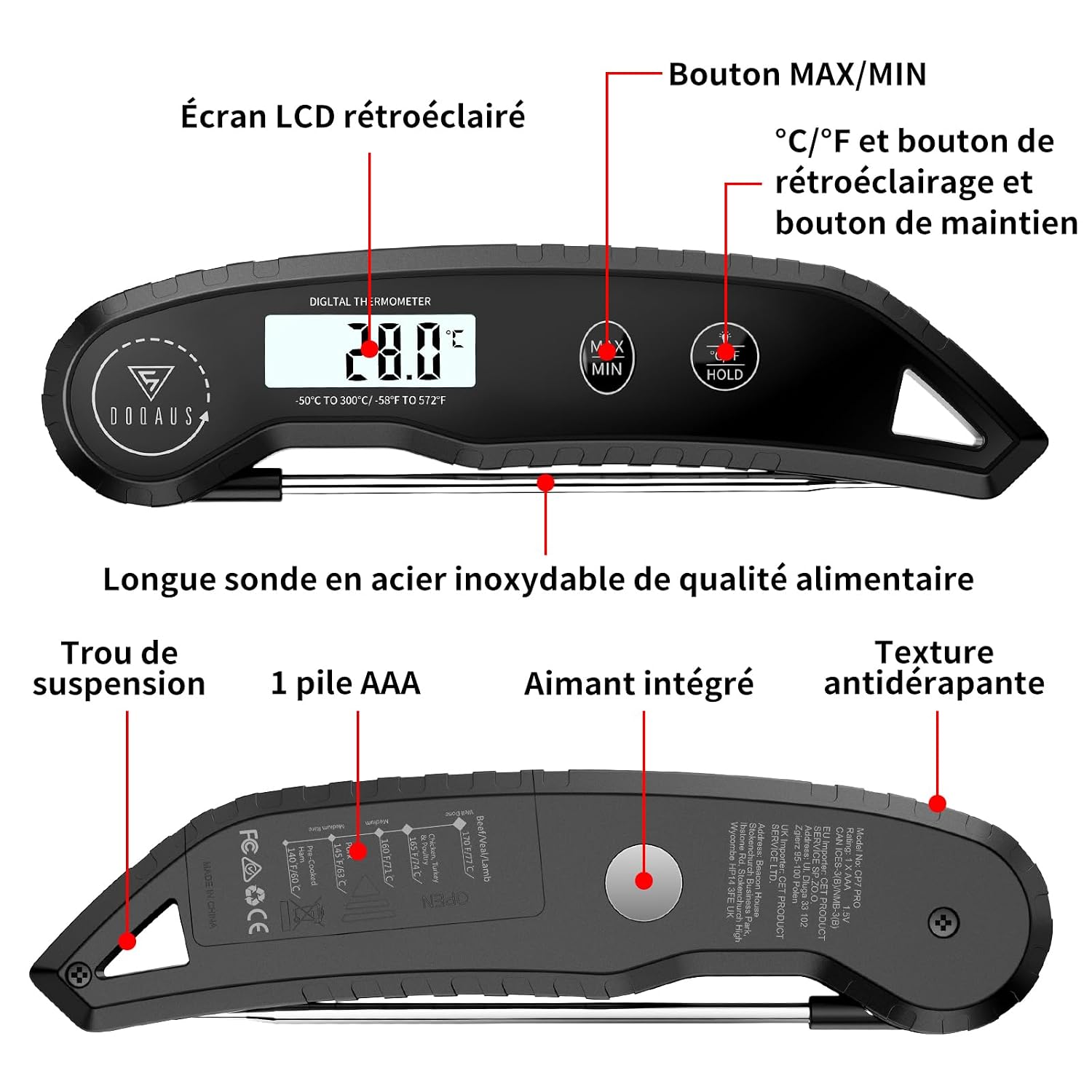 Thumbnail 6 de DOQAUS CP7 Pro keukenthermometer met inklapbare sonde en verlicht lcd-display