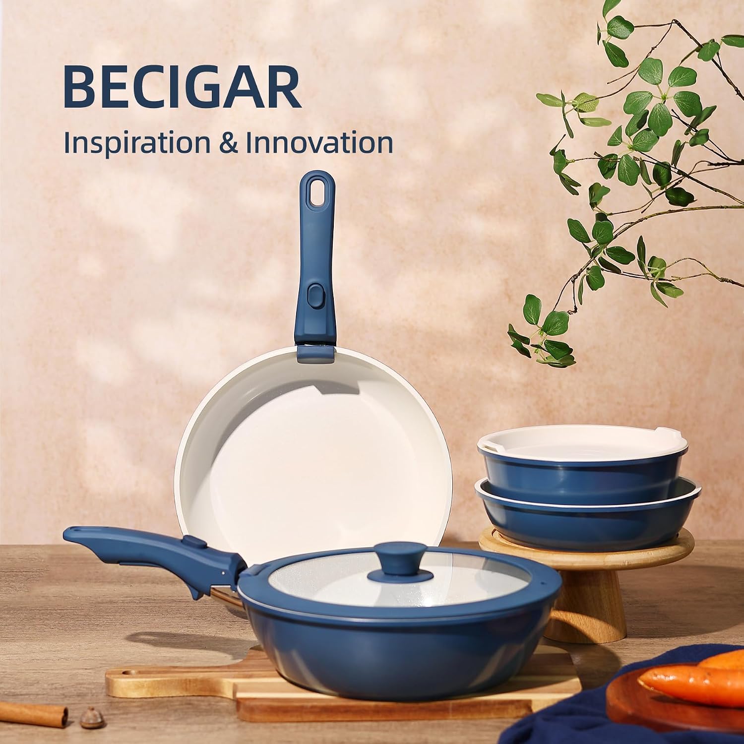 Detalle de BECIGAR 8-Piece Ceramic Nonstick Cookware Set with Detachable Handle (Induction & Oven Safe)