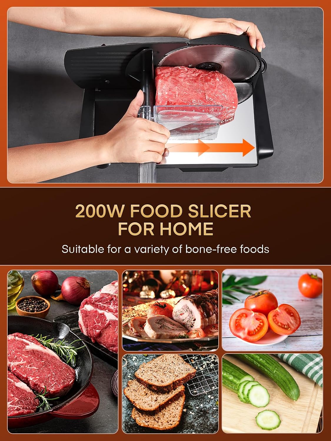 Detalle de FOHERE Electric Meat Slicer, 200W, Two 7.5-inch Blades, 0–15 mm