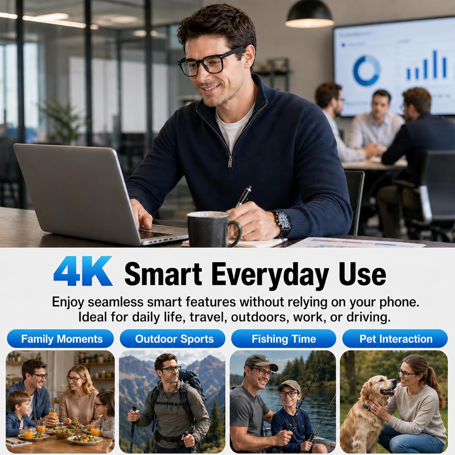 Detalle de AI Smart Glasses with Camera (4K Video/Photo Capture) for Travel — Real-Time Translation & Open-Ear Audio