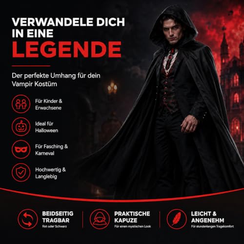 Detalle de FASCHINFEVER Vampirumhang mit Kapuze, schwarz, Einheitsgröße für Kinder und Erwachsene