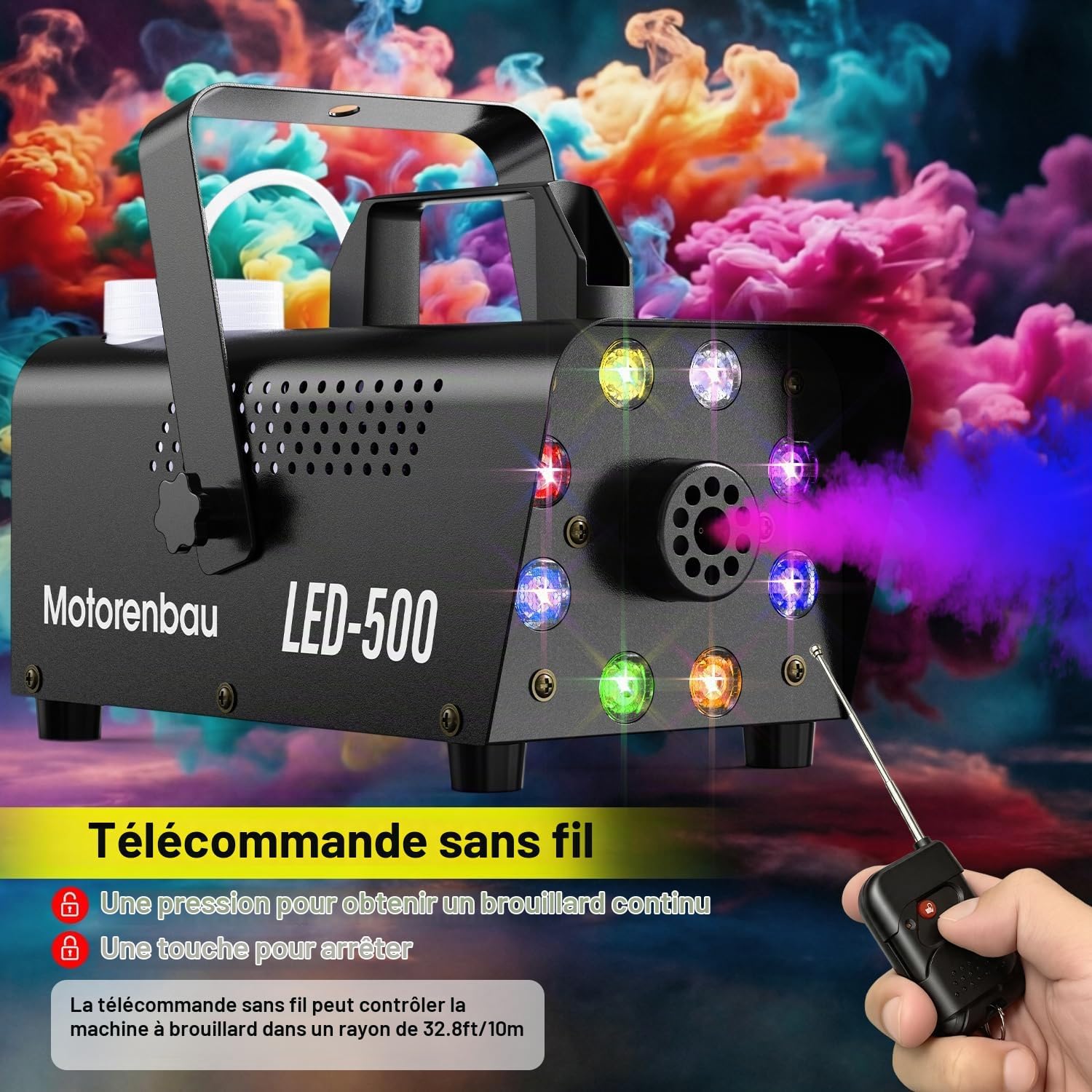 Detalle de Mistmachine met 8 RGB-leds, 13 lichtkleuren, 500 W en afstandsbediening
