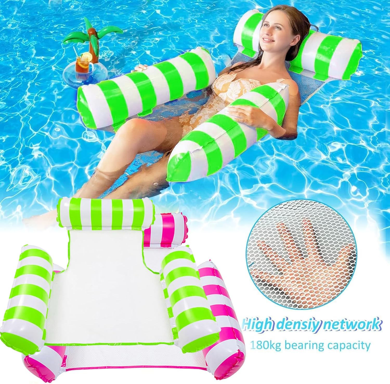 Detalle 2 de Inflatable Pool Float Adults 2 Pack 4-in-1 Water Hammock and Lounge Chair – Pink & Green