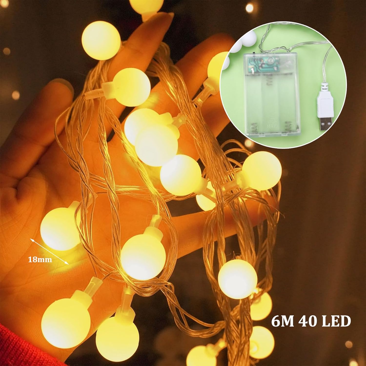 Thumbnail 1 de Kaleora LED Kugel-Lichterkette 6 m | 40 LED Warmweiß Kugeln, USB/Batterie, Innen & Außen geeignet