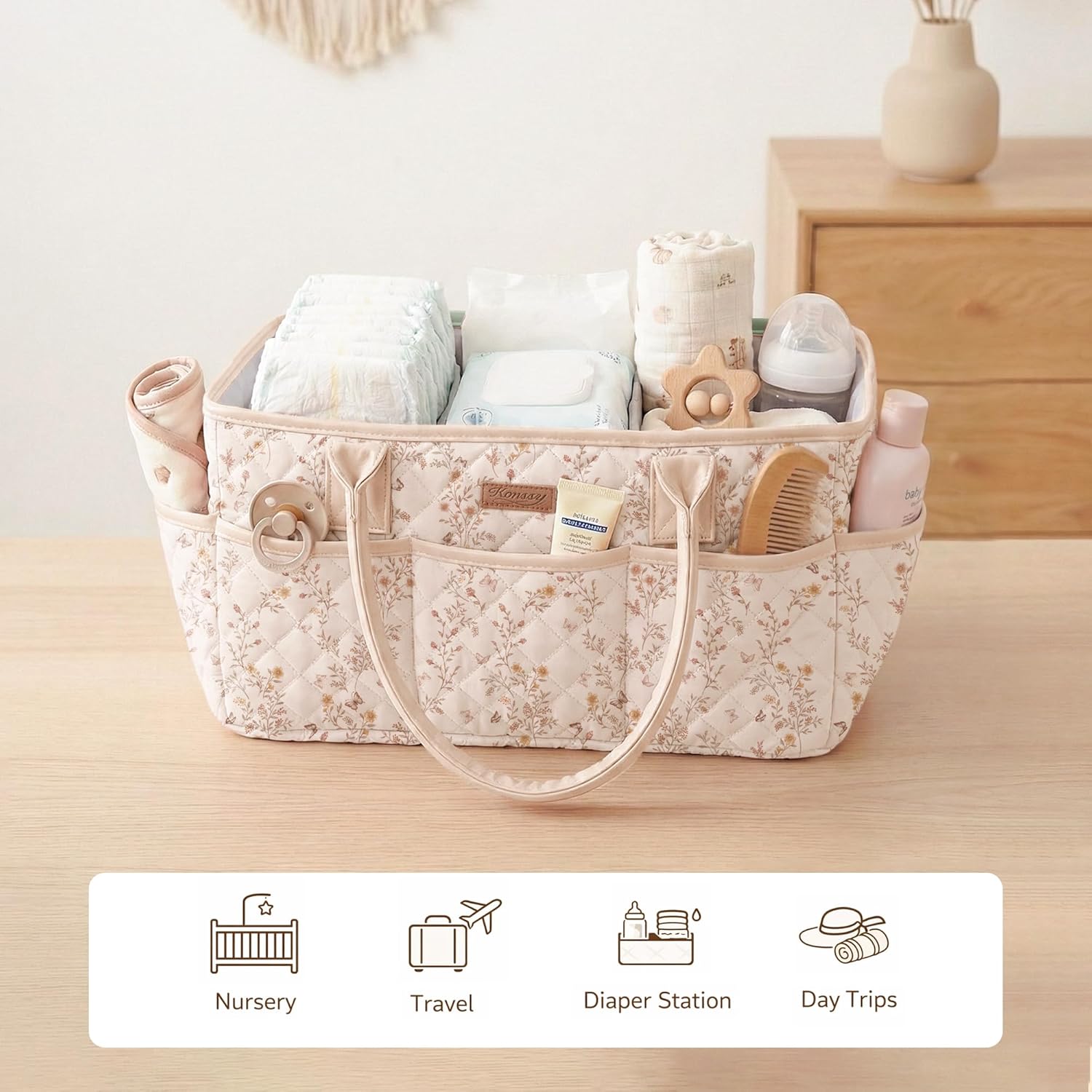 Thumbnail 6 de Konssy Floral Diaper Caddy Organizer, Quilted Polyester with Removable Divider