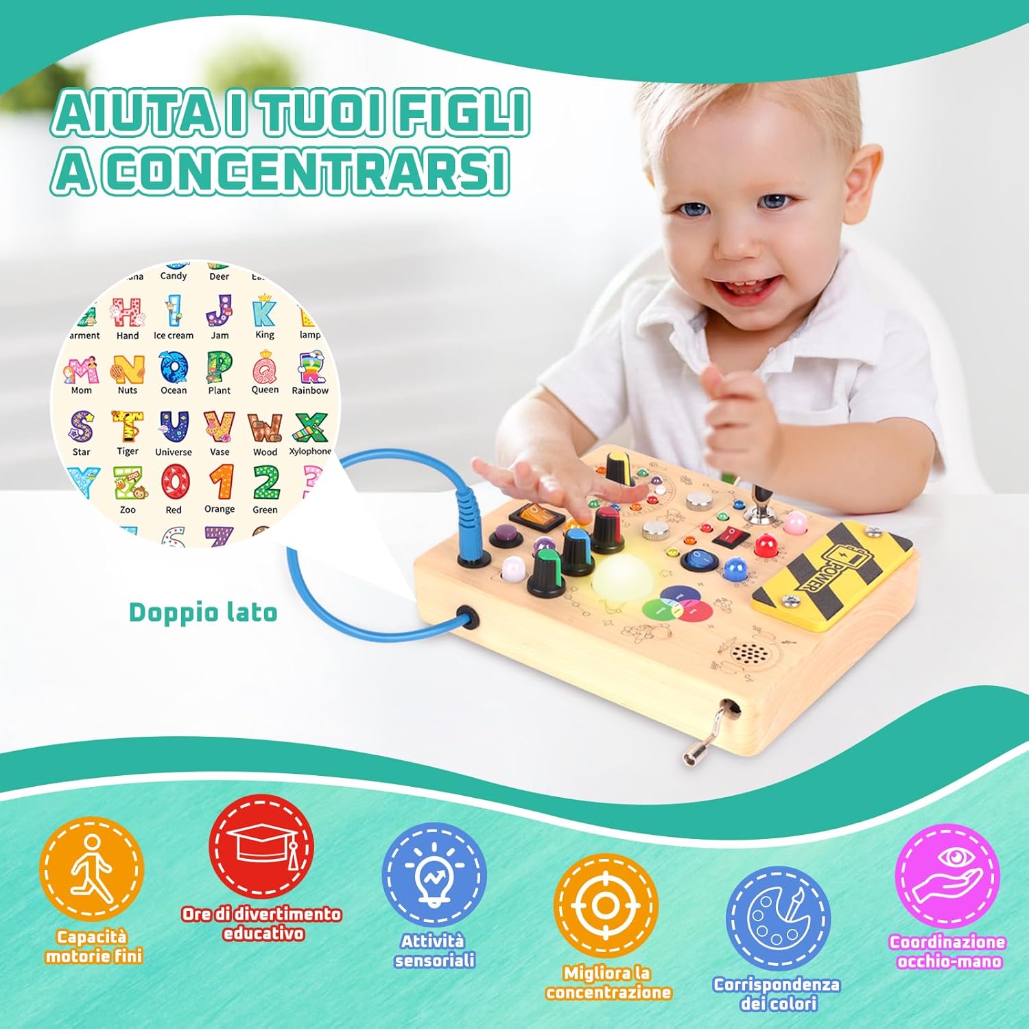 Thumbnail 4 de Giochi Montessori Busy Board in legno con 12 interruttori e 24 luci LED (carillon rotante e colori)