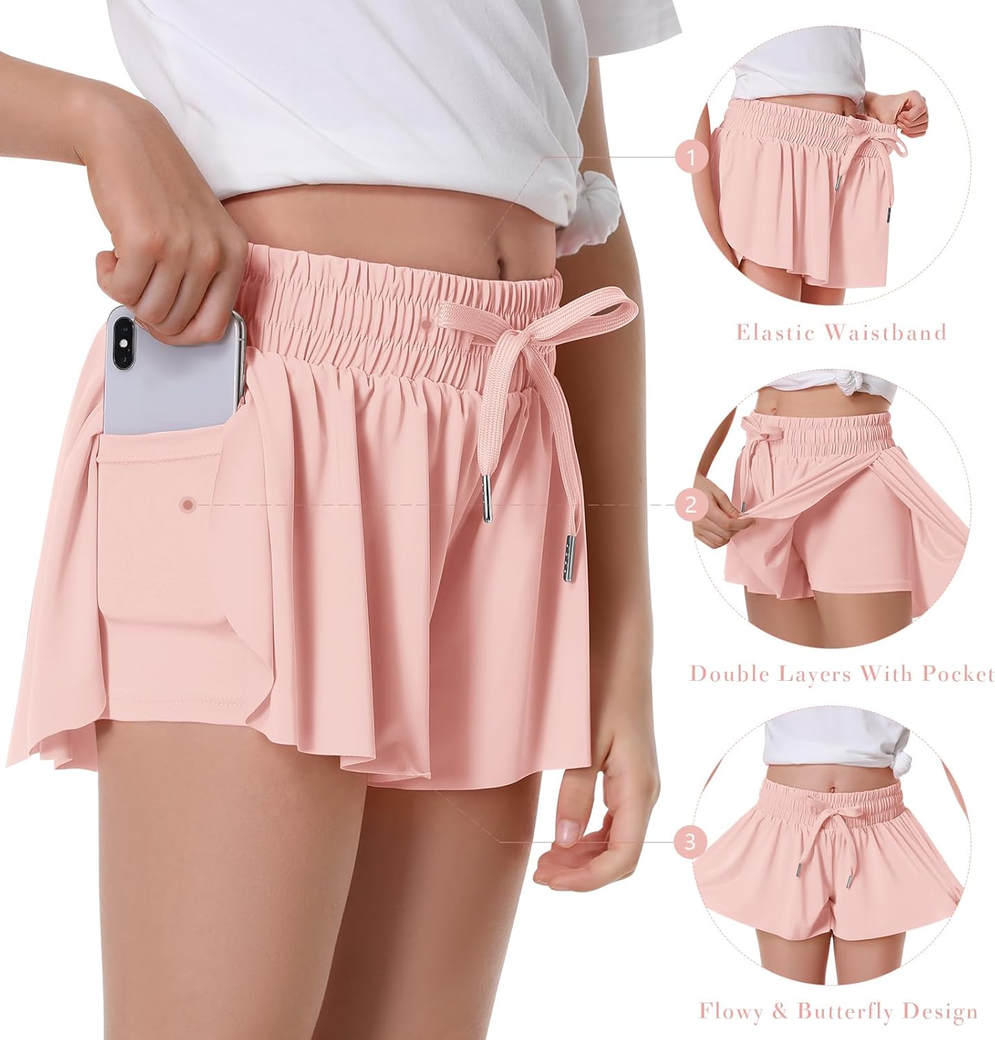 Thumbnail 2 de Girls Butterfly Flowy Shorts with Pocket - 2-in-1 Athletic Running Shorts for Girls