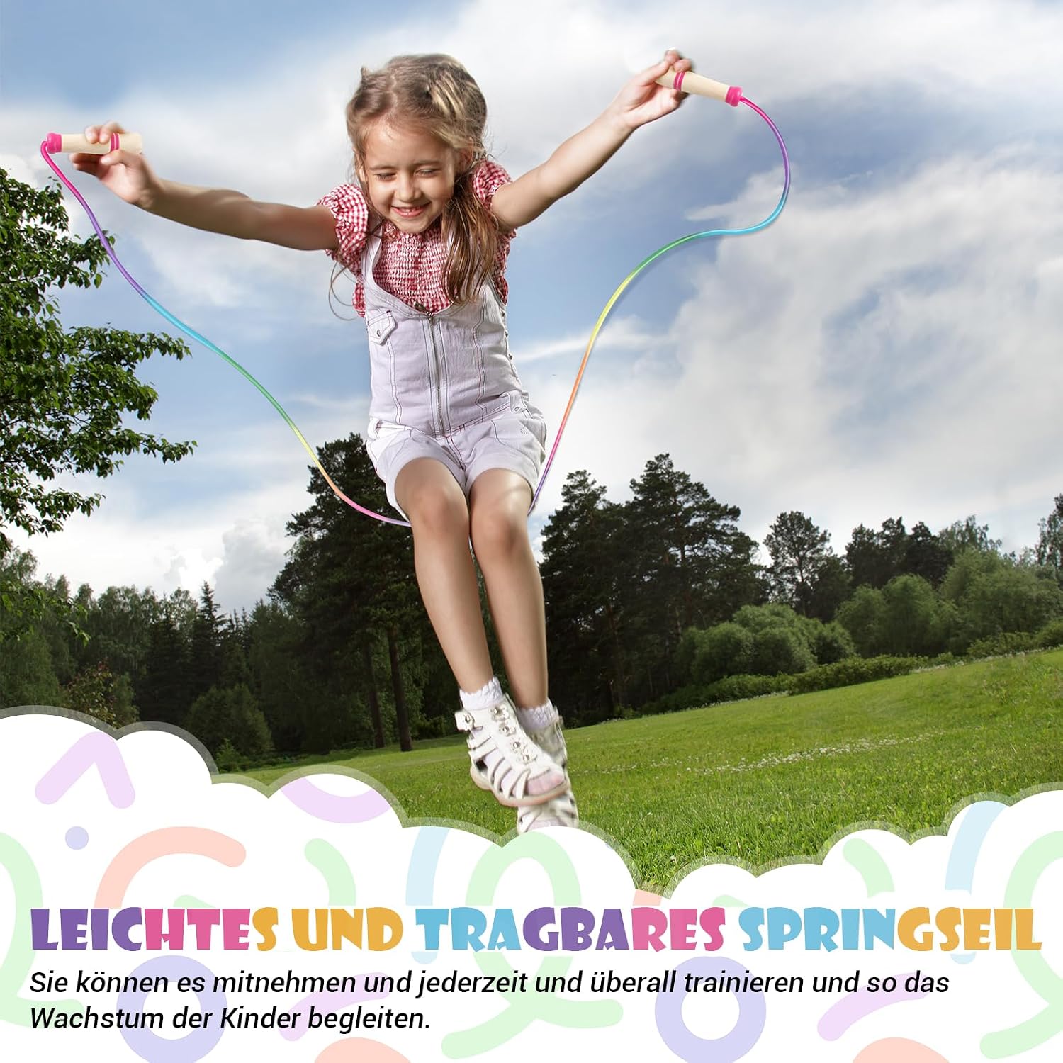 Detalle 2 de Springseil Kinder – Verstellbares Seilspringen für Fitness mit Holzgriff, 250 cm, Regenbogenfarben