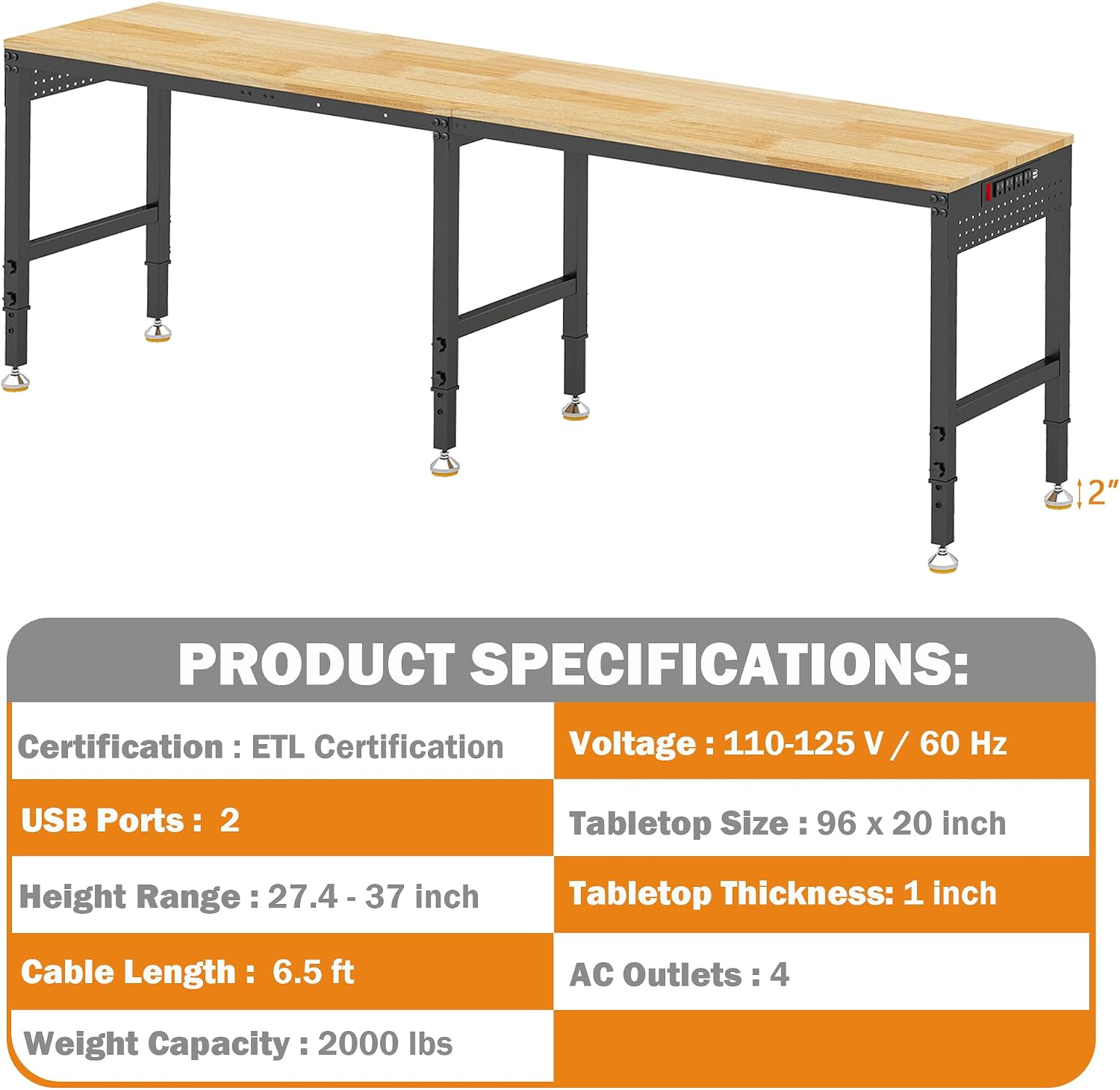 Detalle 2 de Betterhood 001 Convertible Adjustable Workbench, 96-Inch Rubber Wood Top