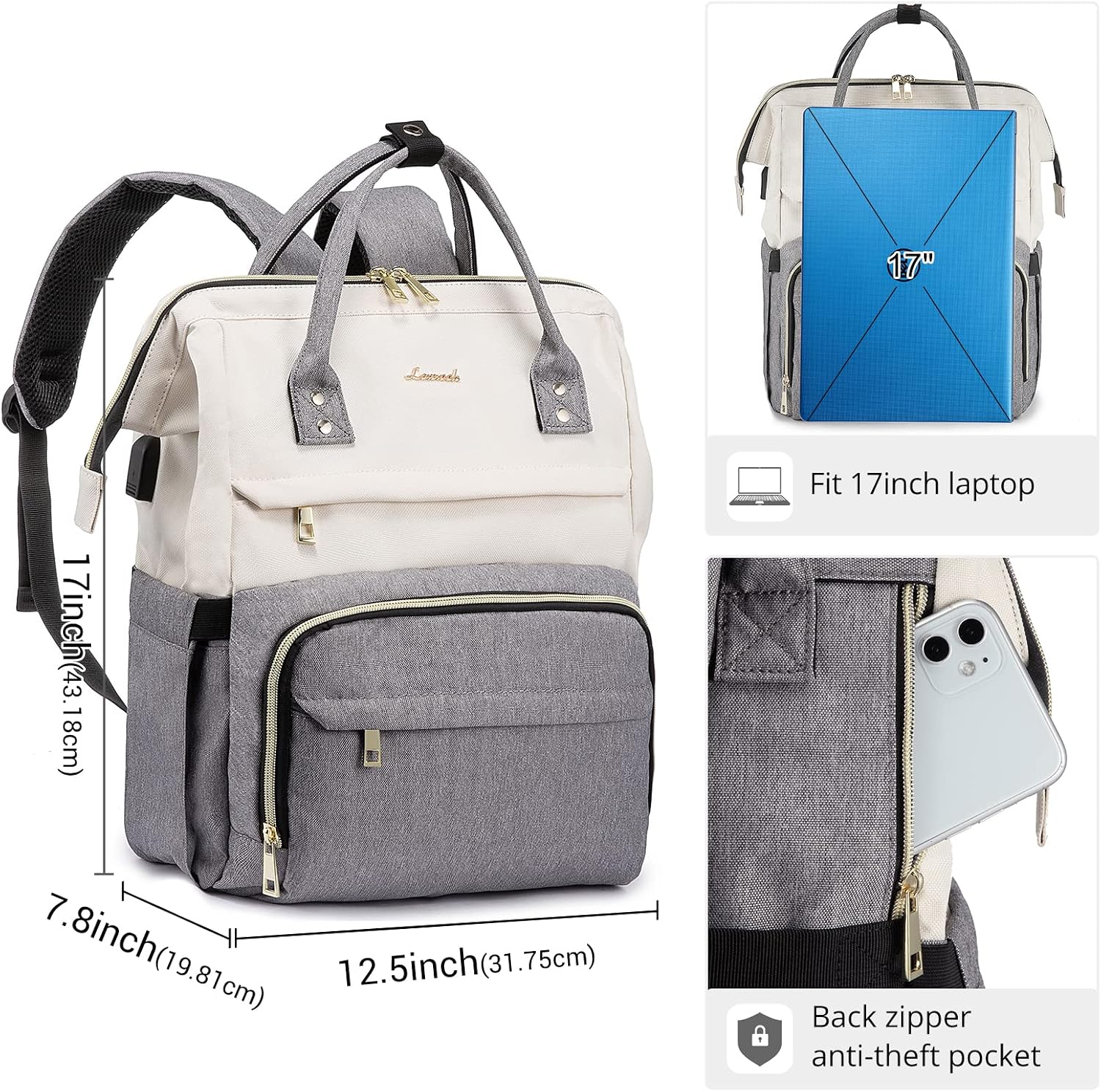 Detalle de LOVEVOOK Laptop Backpack Women 17 inch – Beige/Grey